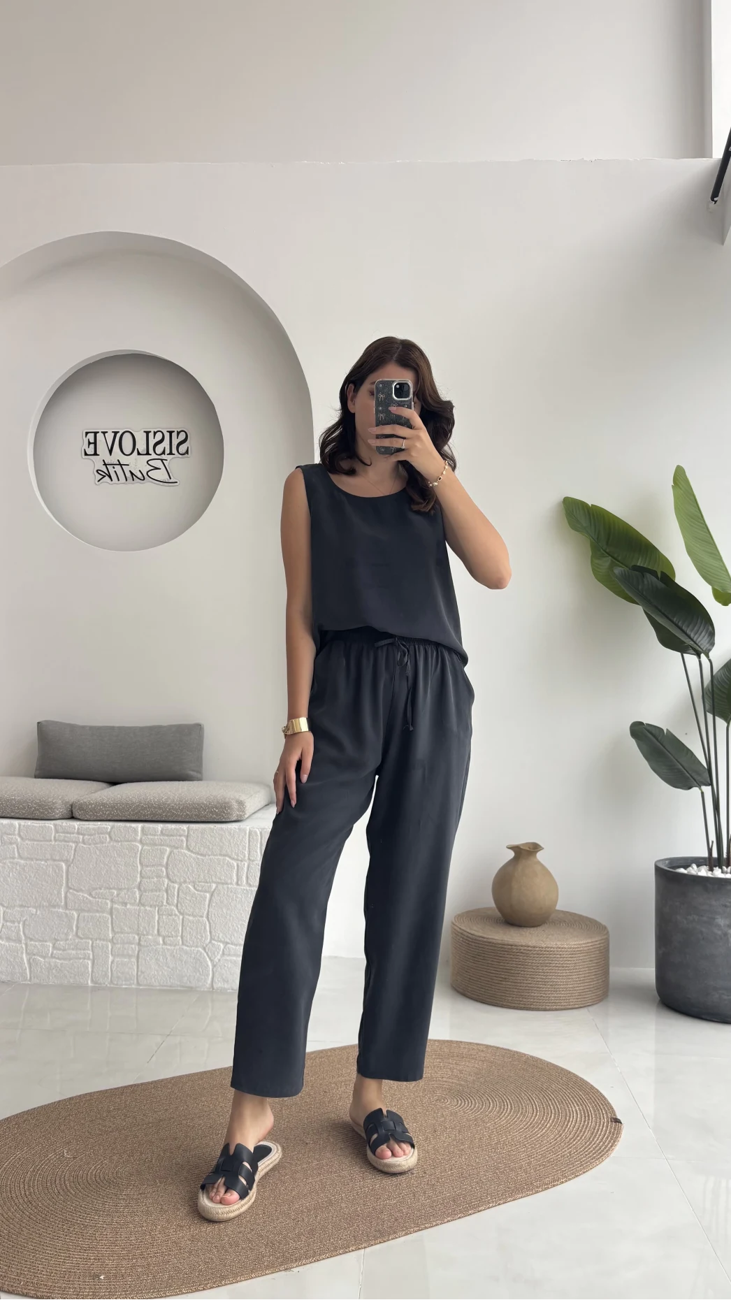 Nova Kalın Askılı Bluz Pantolon Takım - Koyu Antrasit