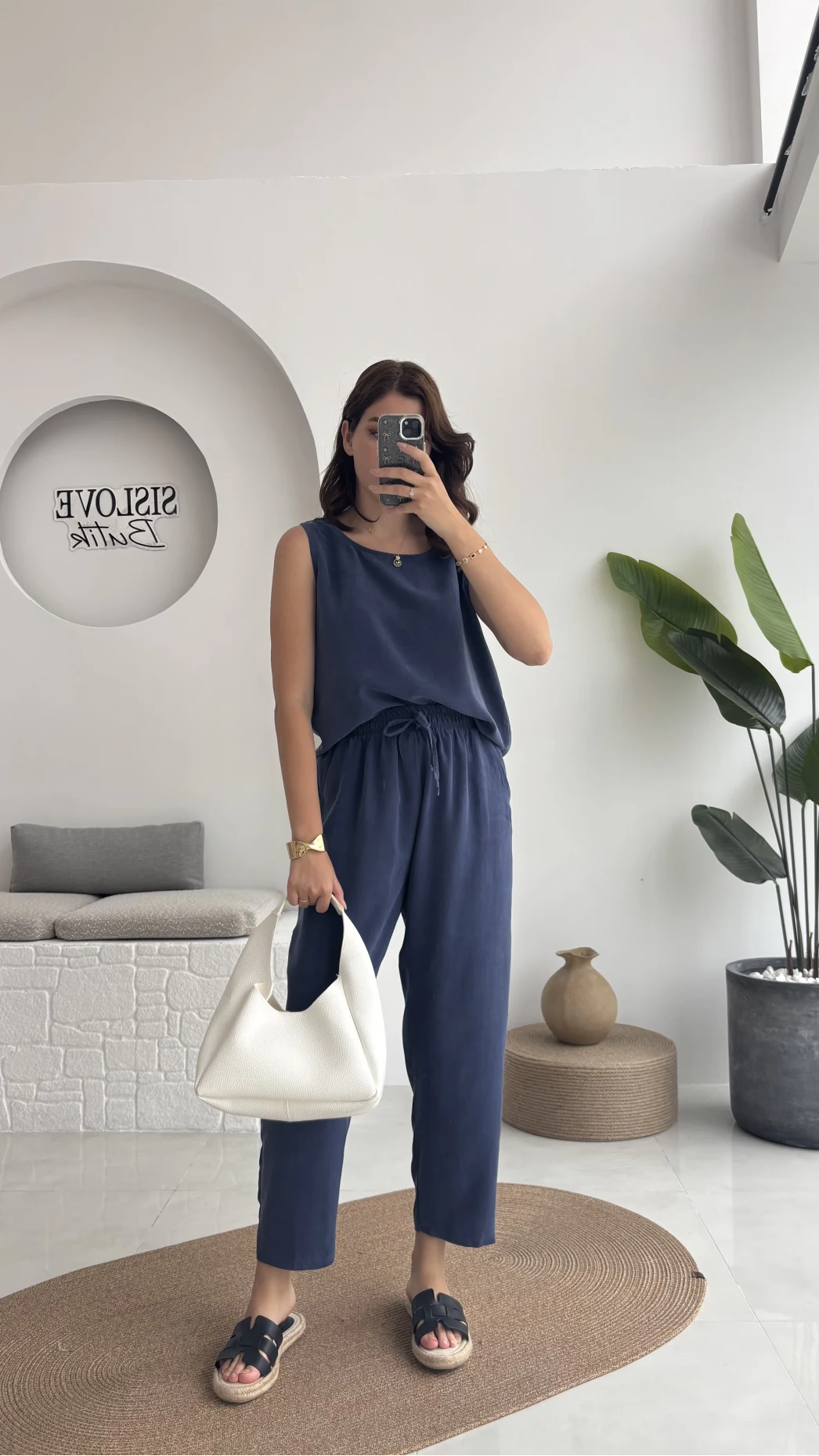 Nova Kalın Askılı Bluz Pantolon Takım - Lacivert