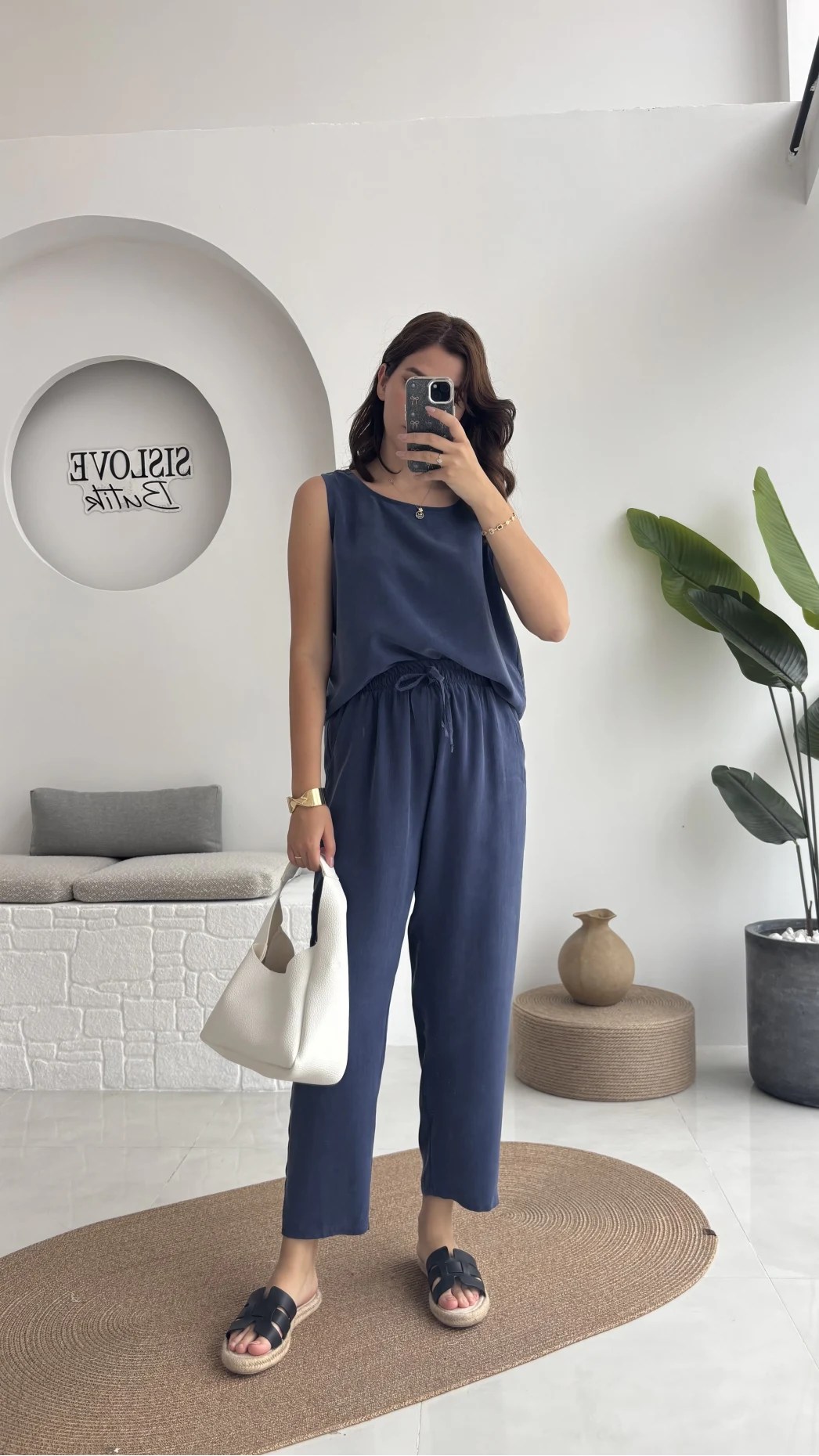 Nova Kalın Askılı Bluz Pantolon Takım - Lacivert