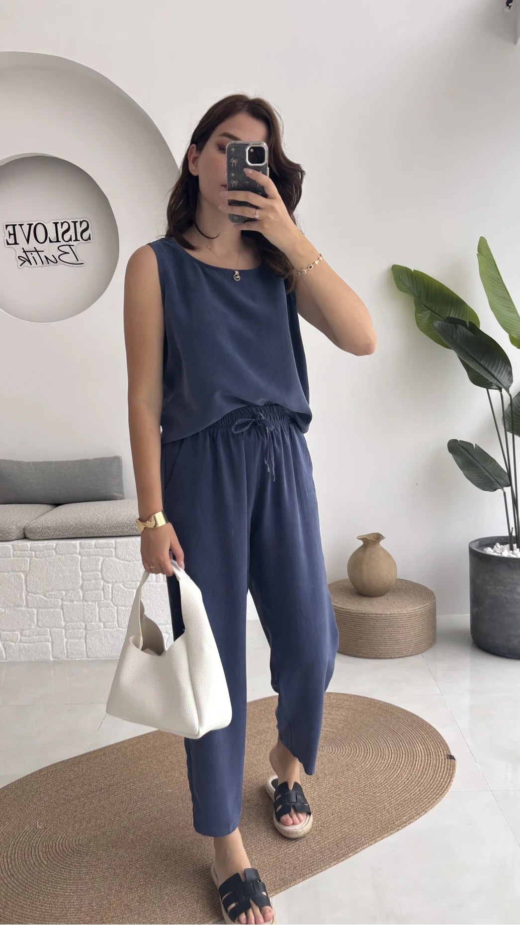 Nova Kalın Askılı Bluz Pantolon Takım - Lacivert