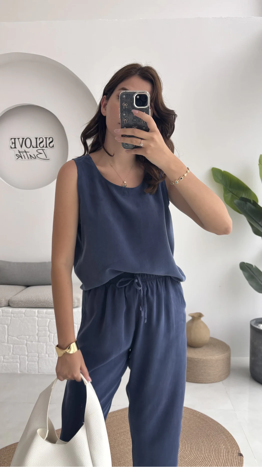 Nova Kalın Askılı Bluz Pantolon Takım - Lacivert