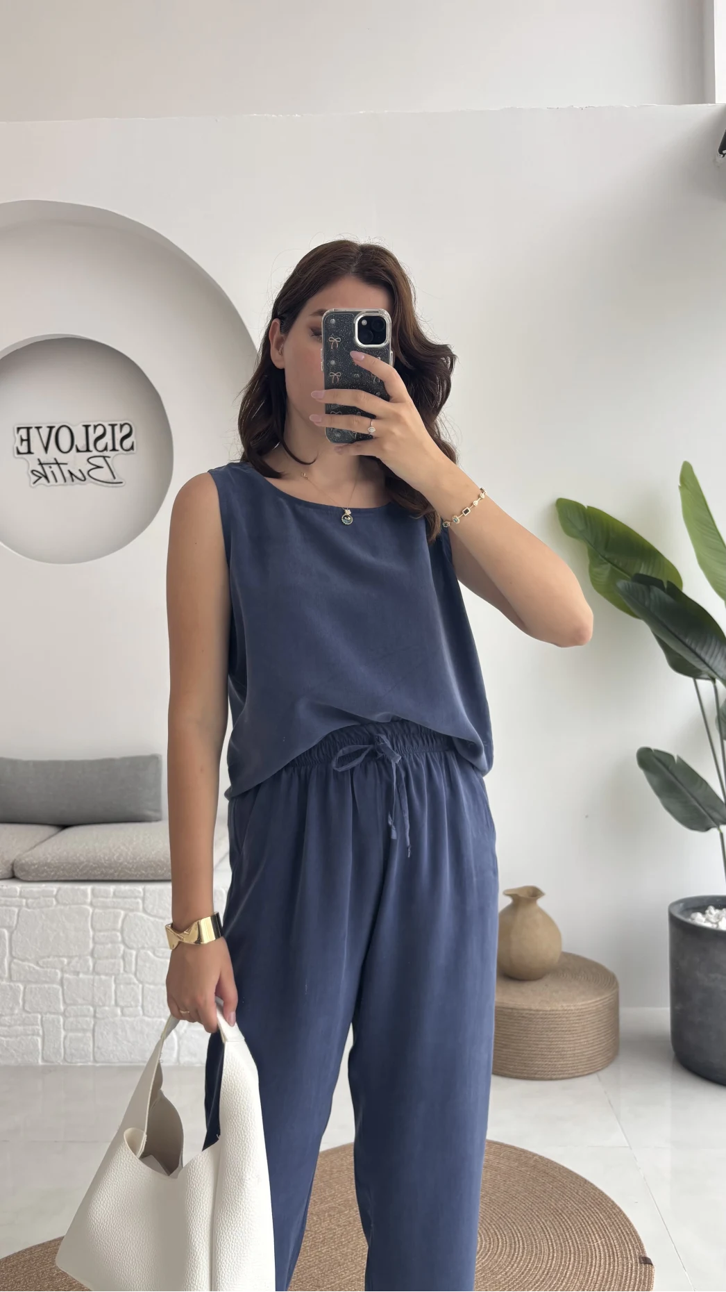 Nova Kalın Askılı Bluz Pantolon Takım - Lacivert