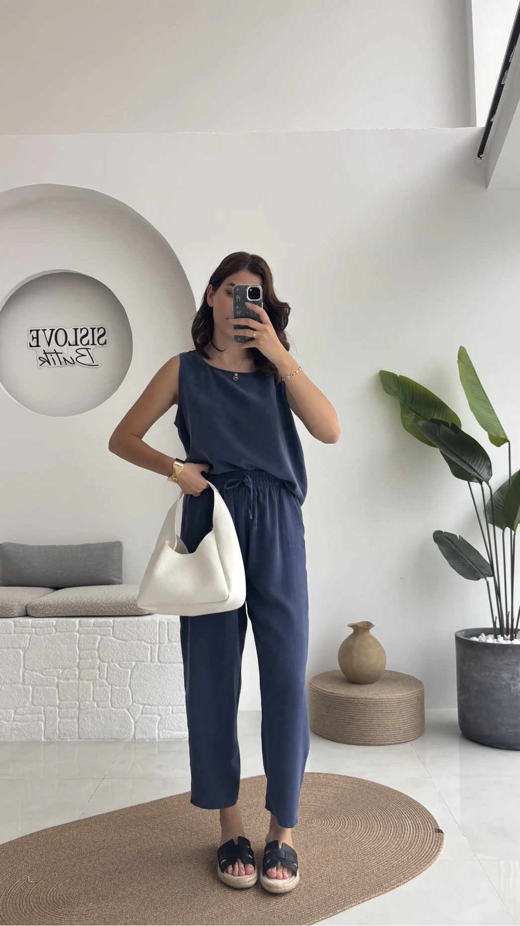 Nova Kalın Askılı Bluz Pantolon Takım - Lacivert