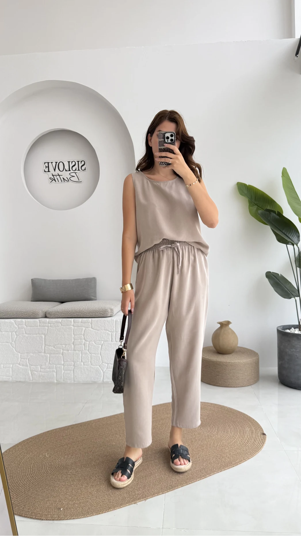 Nova Kalın Askılı Bluz Pantolon Takım - Vizon