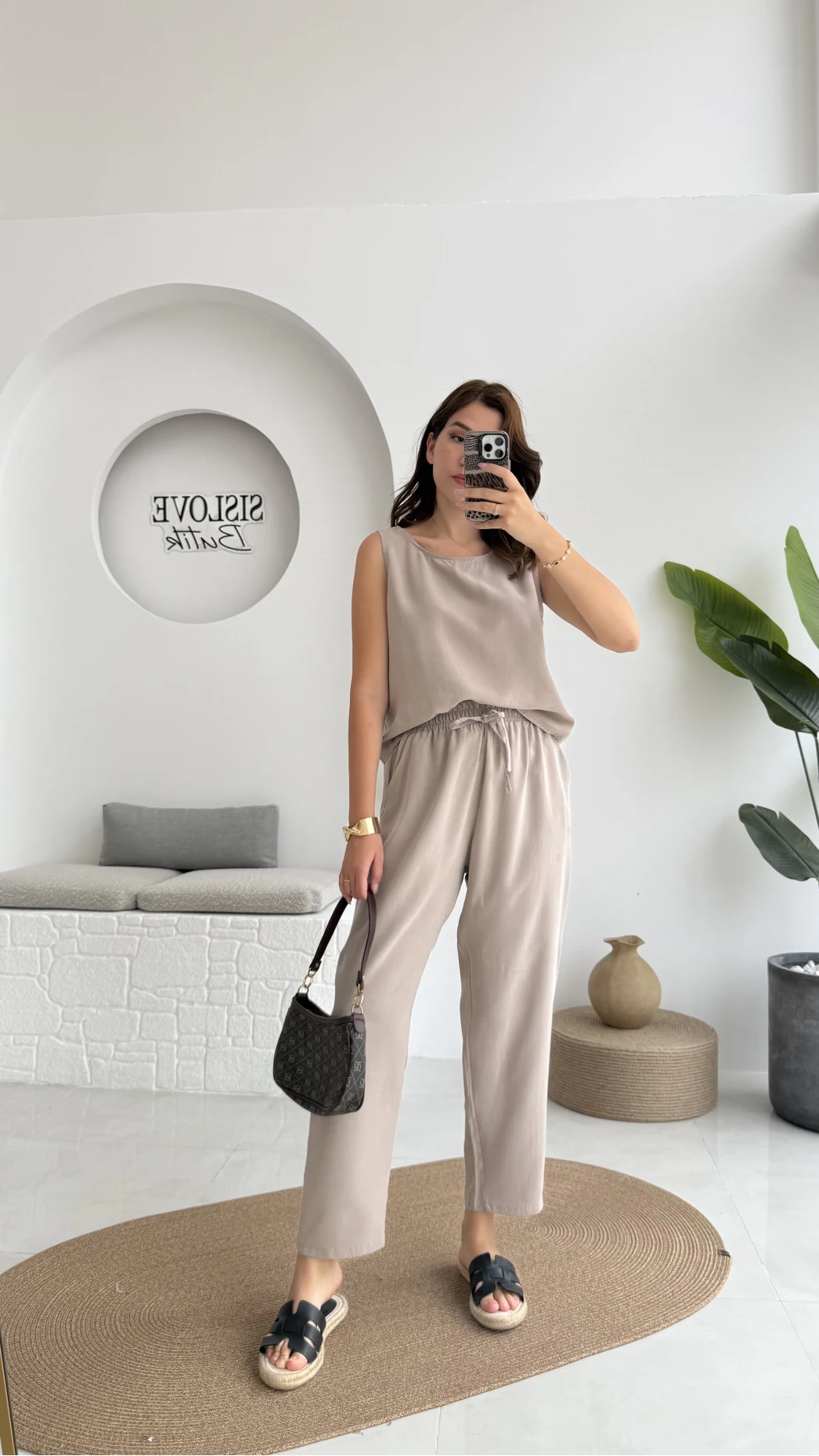 Nova Kalın Askılı Bluz Pantolon Takım - Vizon