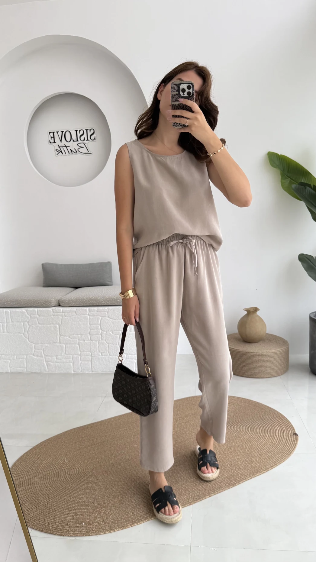 Nova Kalın Askılı Bluz Pantolon Takım - Vizon