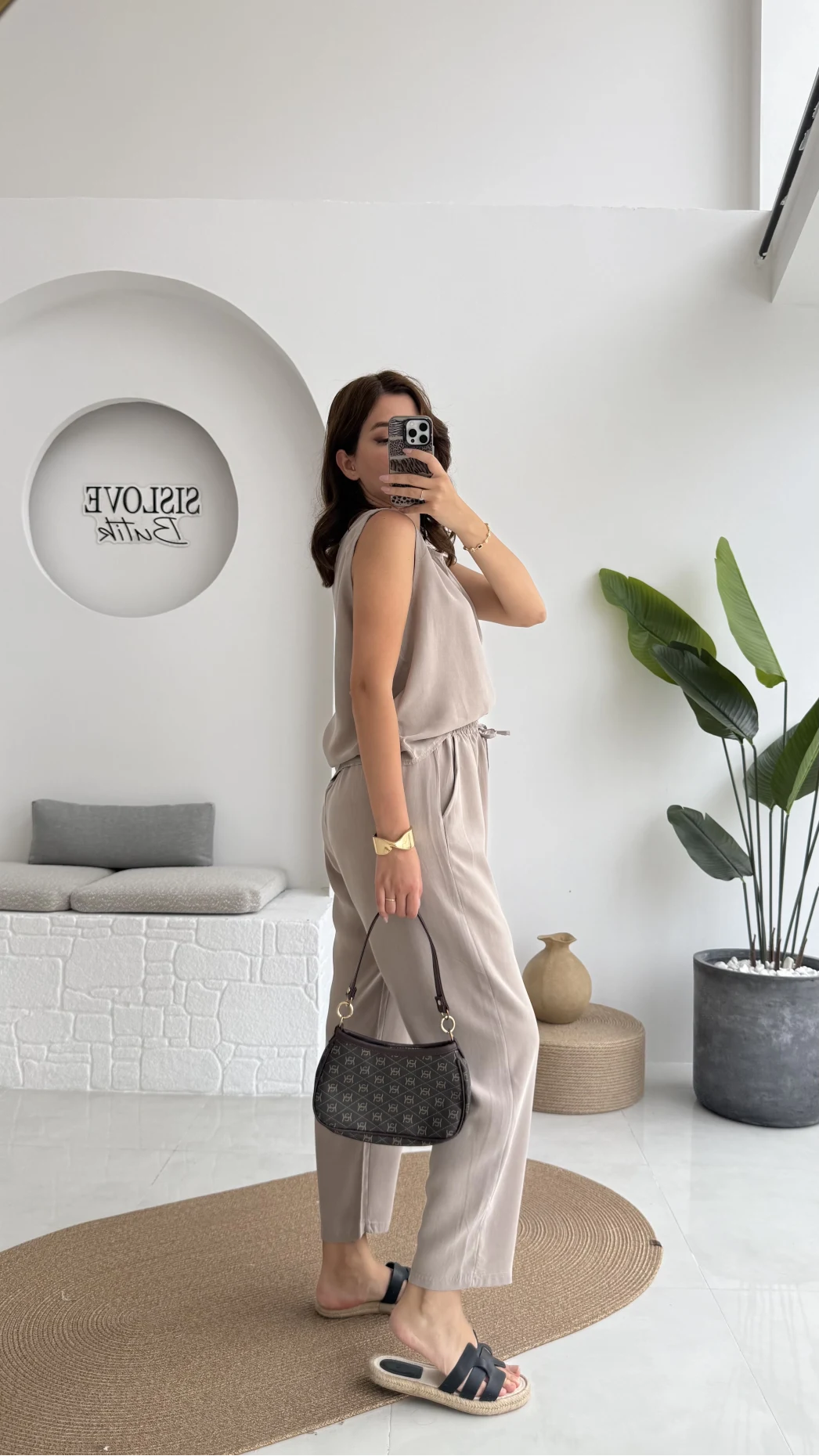 Nova Kalın Askılı Bluz Pantolon Takım - Vizon