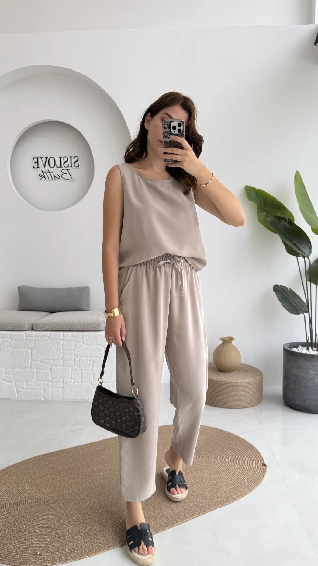 Nova Kalın Askılı Bluz Pantolon Takım - Vizon