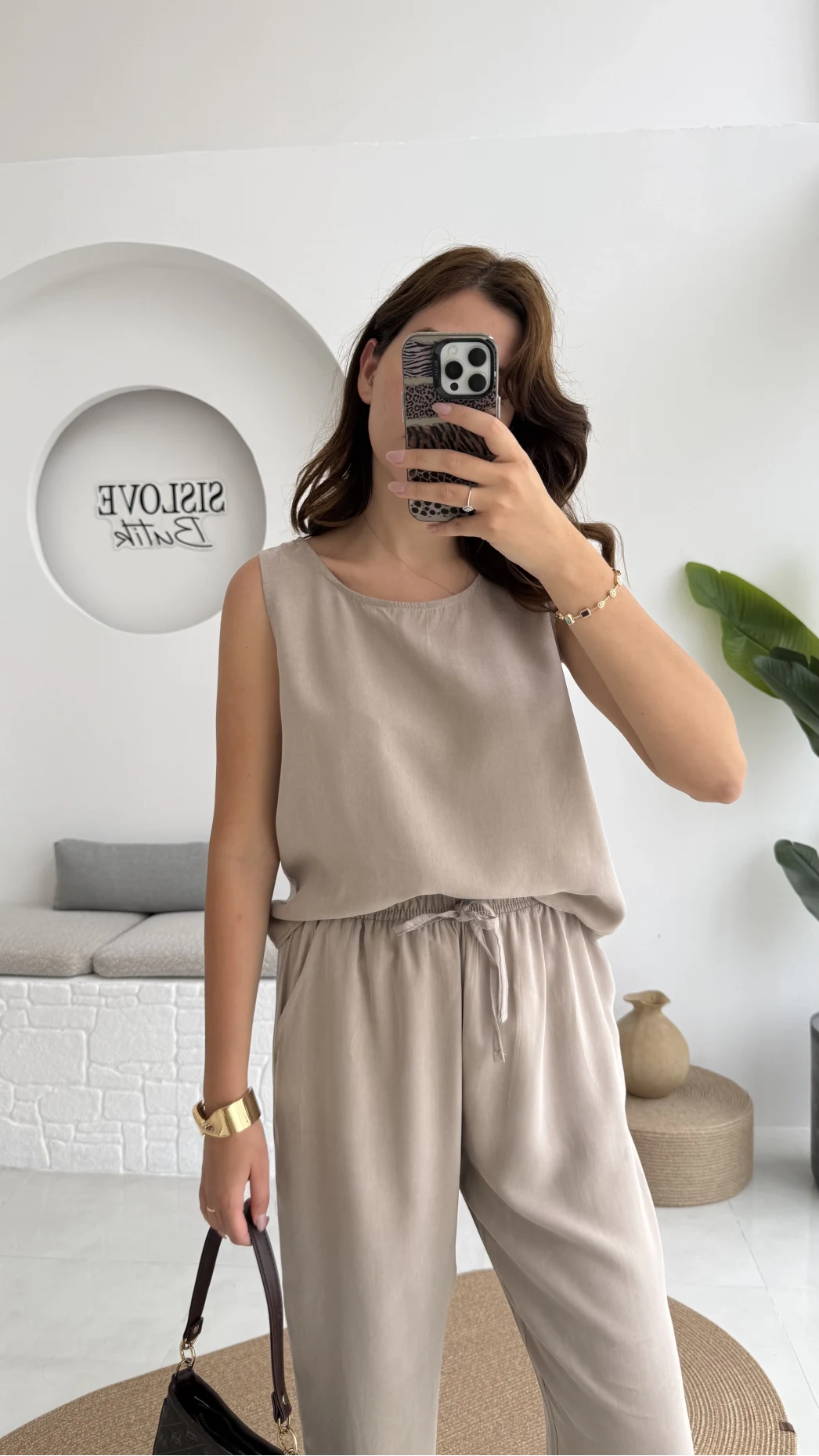 Nova Kalın Askılı Bluz Pantolon Takım - Vizon