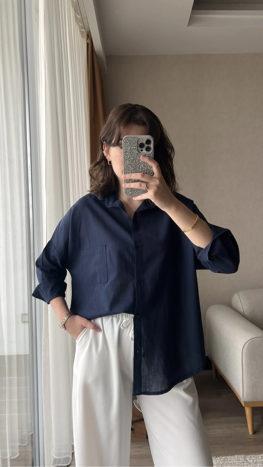 Nude Keten Lacivert Gömlek