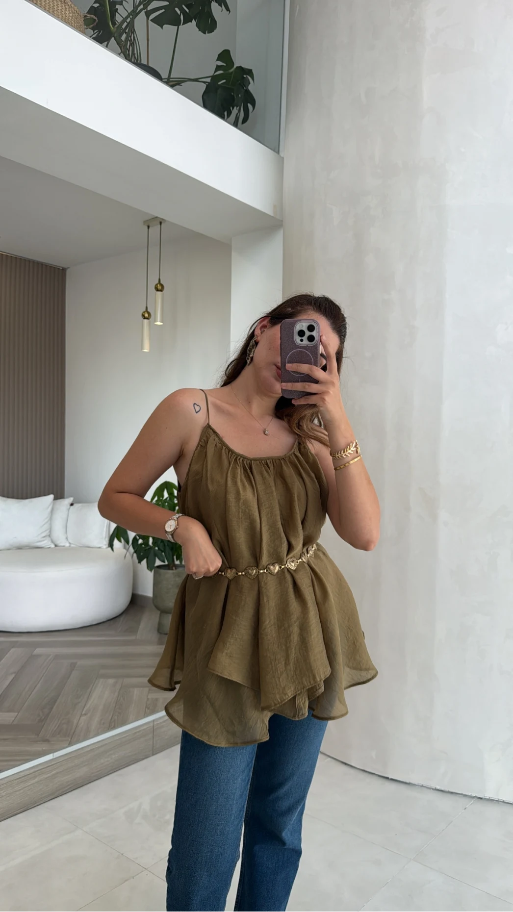 Olive Askılı Pelerin Bluz - Kod: 5090