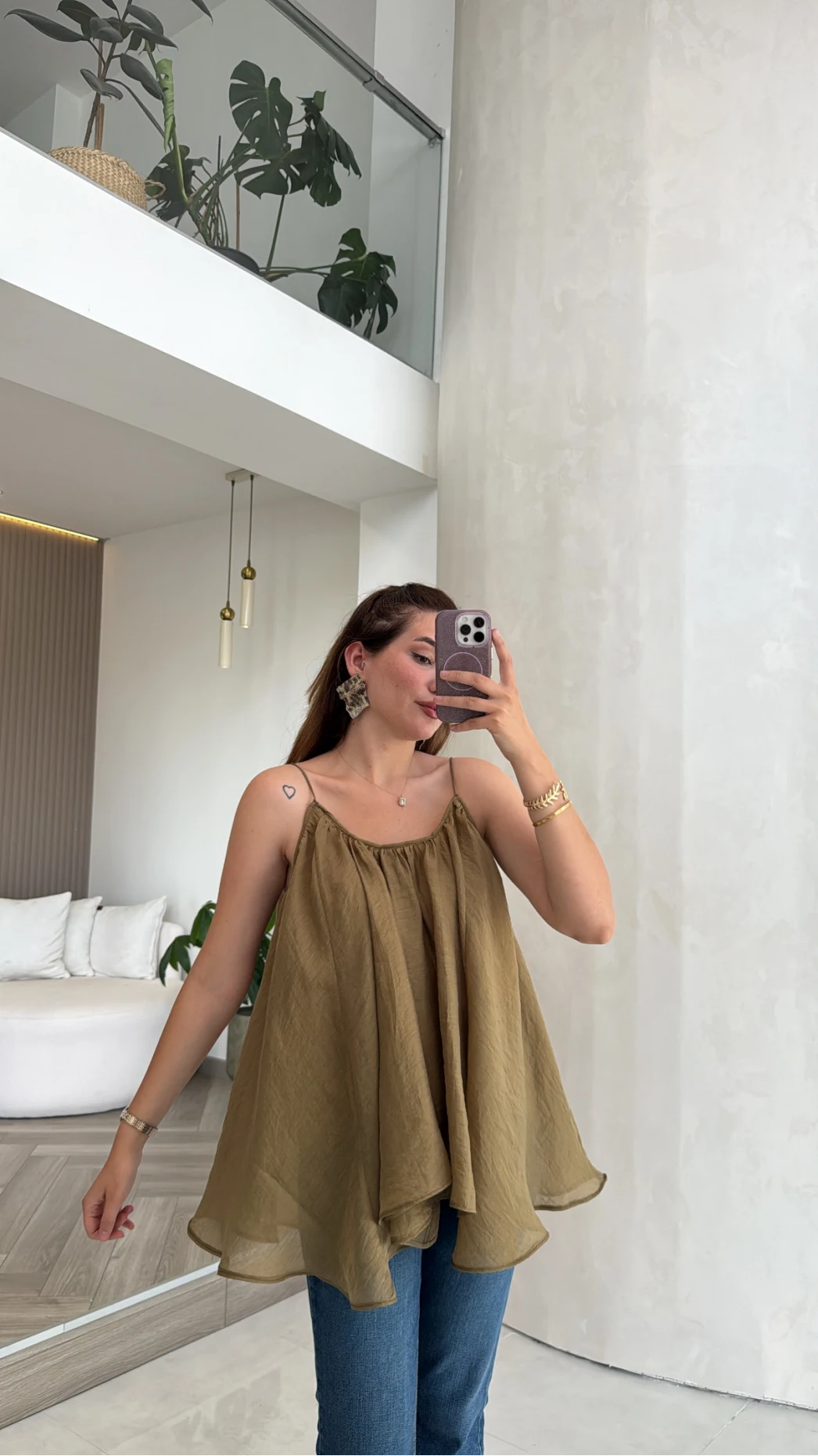 Olive Askılı Pelerin Bluz - Kod: 5090