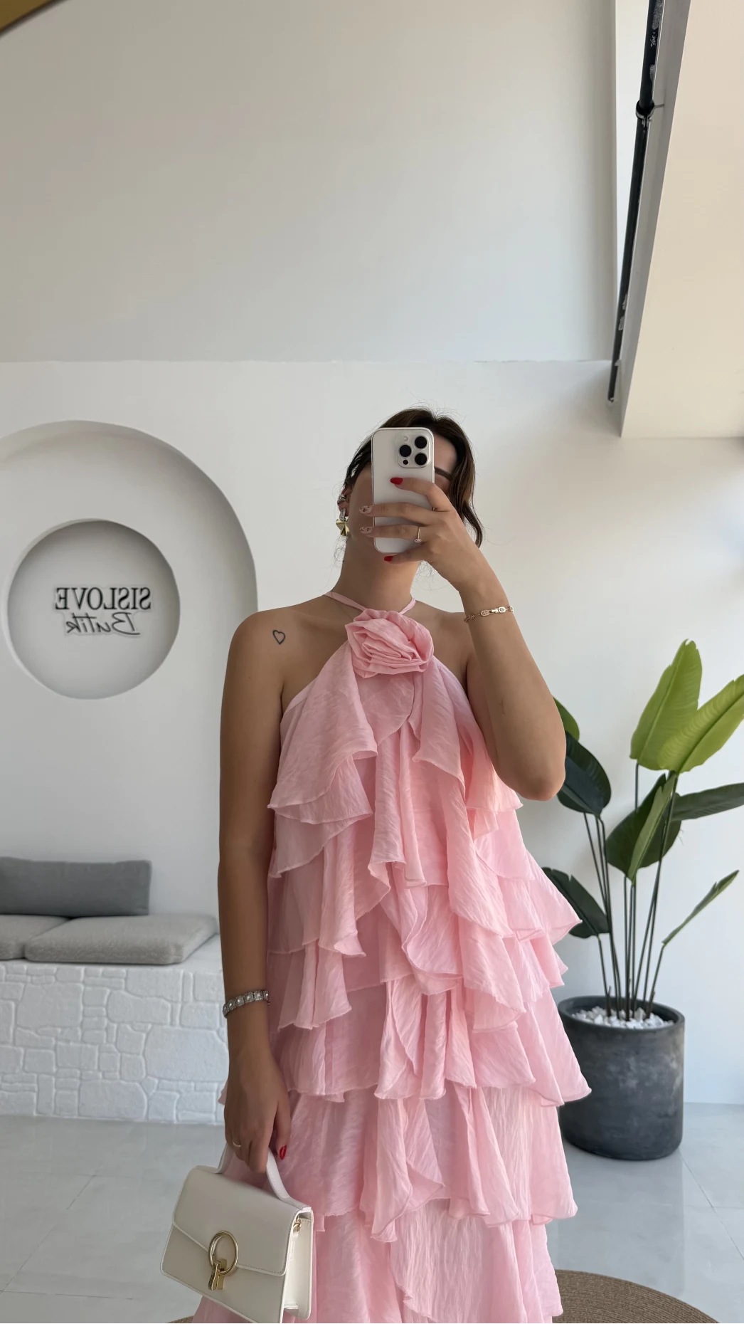 Olivia Gül Detaylı Kat Kat Elbise Pembe