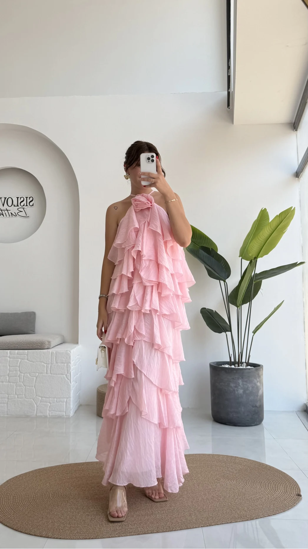 Olivia Gül Detaylı Kat Kat Elbise Pembe