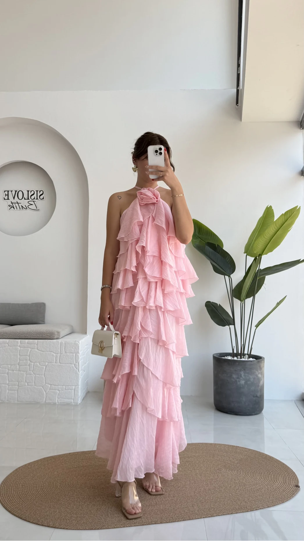 Olivia Gül Detaylı Kat Kat Elbise Pembe