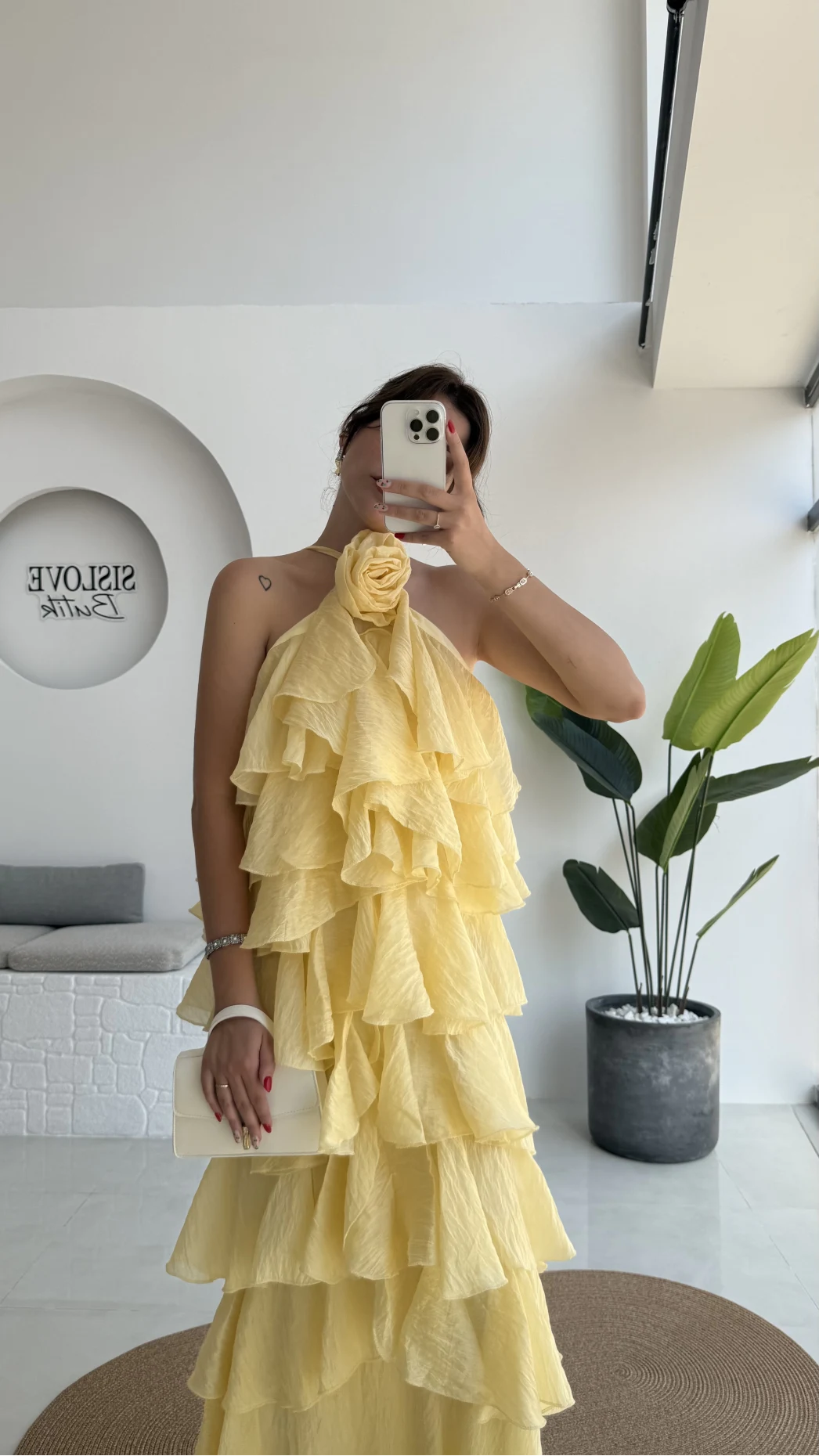 Olivia Gül Detaylı Kat Kat Elbise Sarı