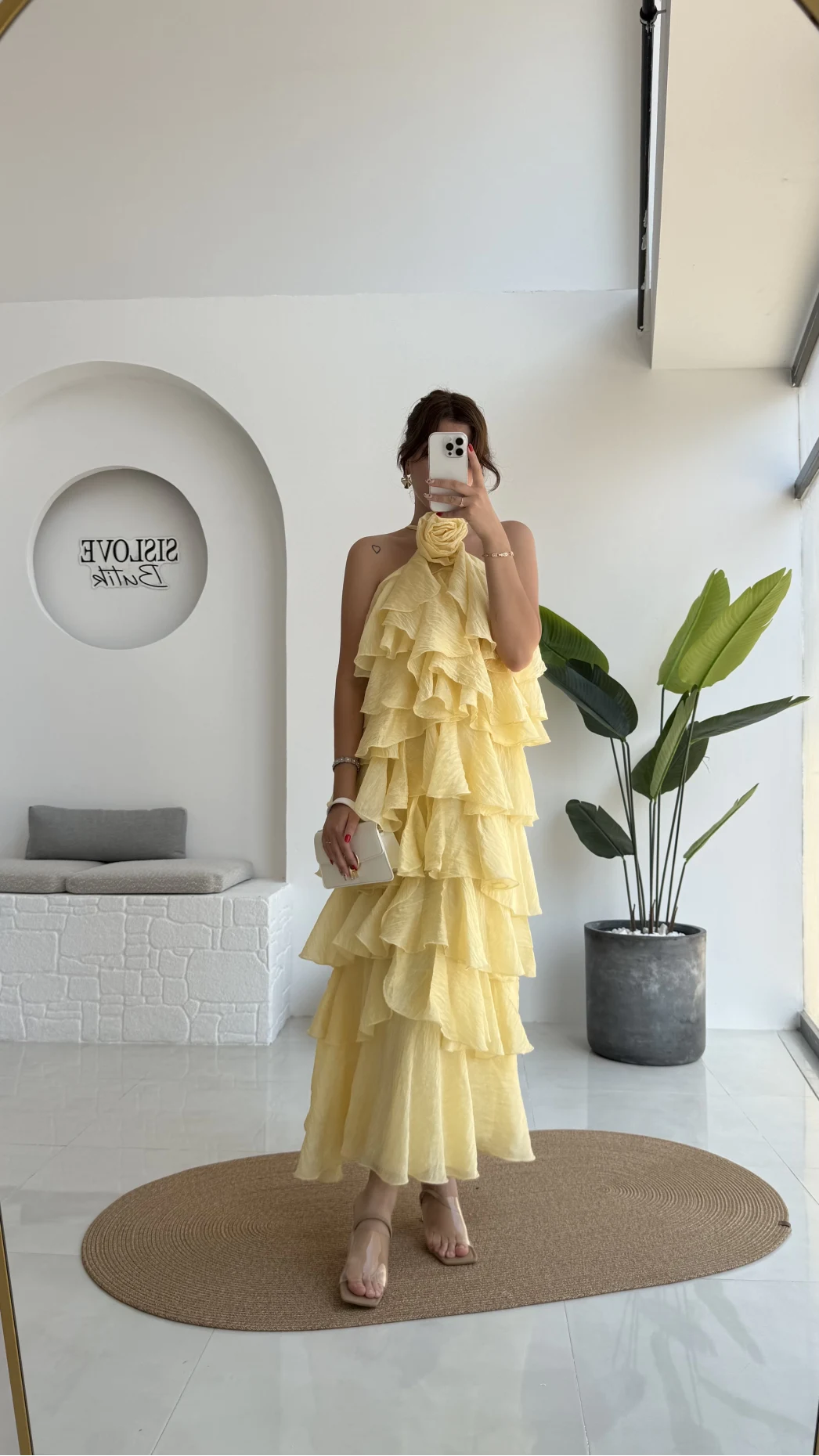 Olivia Gül Detaylı Kat Kat Elbise Sarı