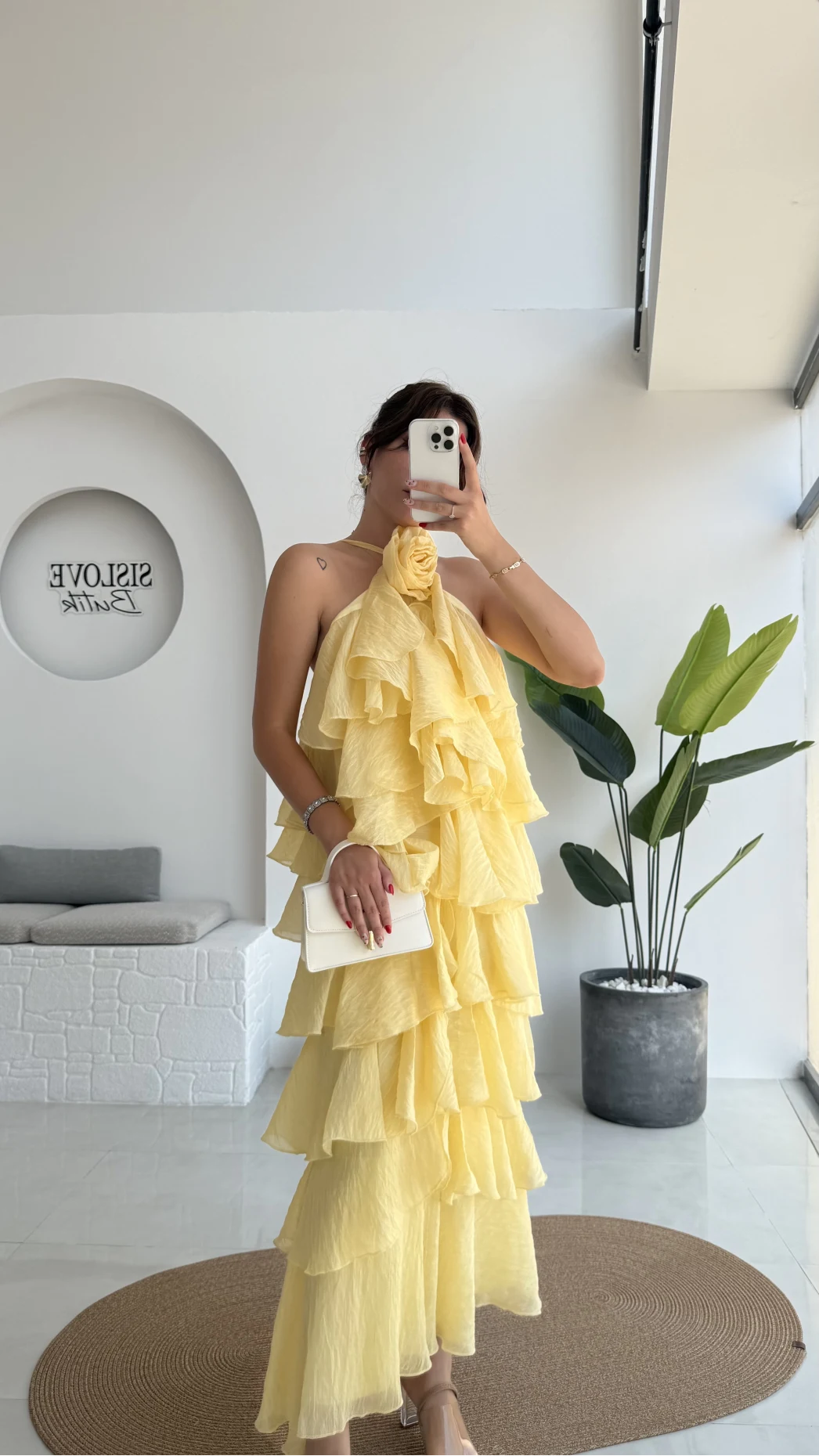 Olivia Gül Detaylı Kat Kat Elbise Sarı