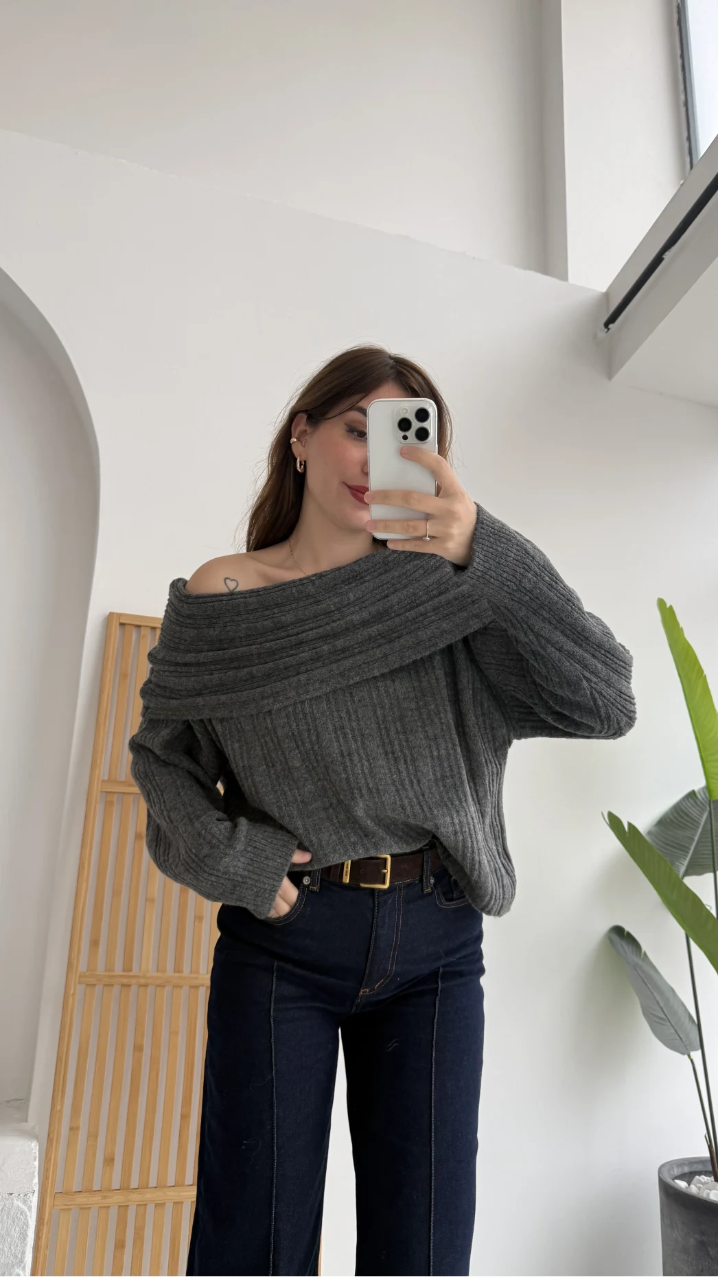 Omzu Açık Fitilli Kazak - Antrasit