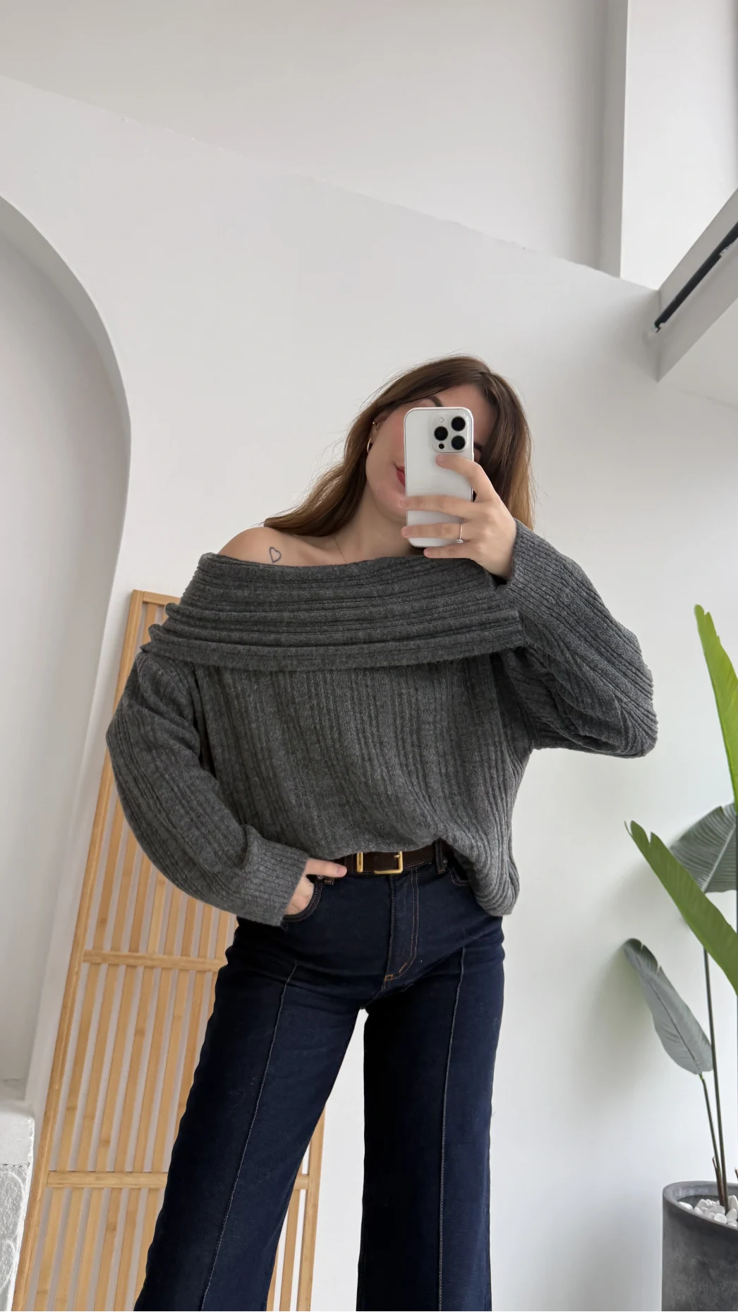 Omzu Açık Fitilli Kazak - Antrasit