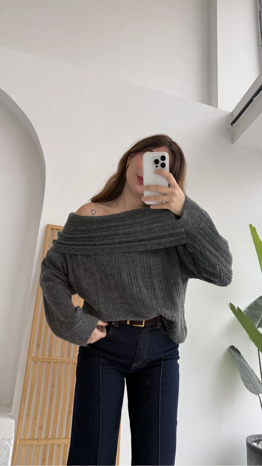 Omzu Açık Fitilli Kazak - Antrasit