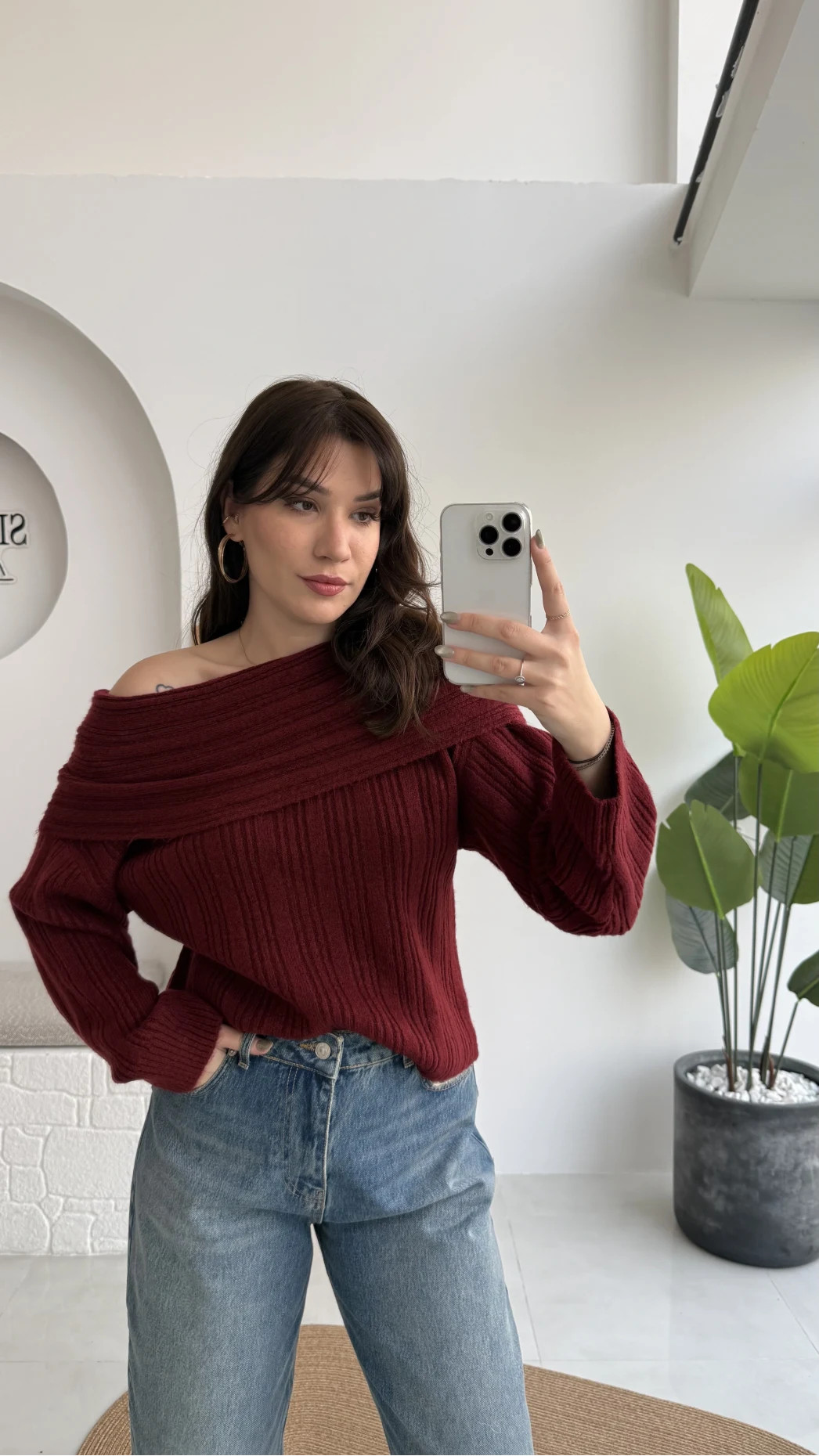 Omzu Açık Fitilli Kazak - Bordo