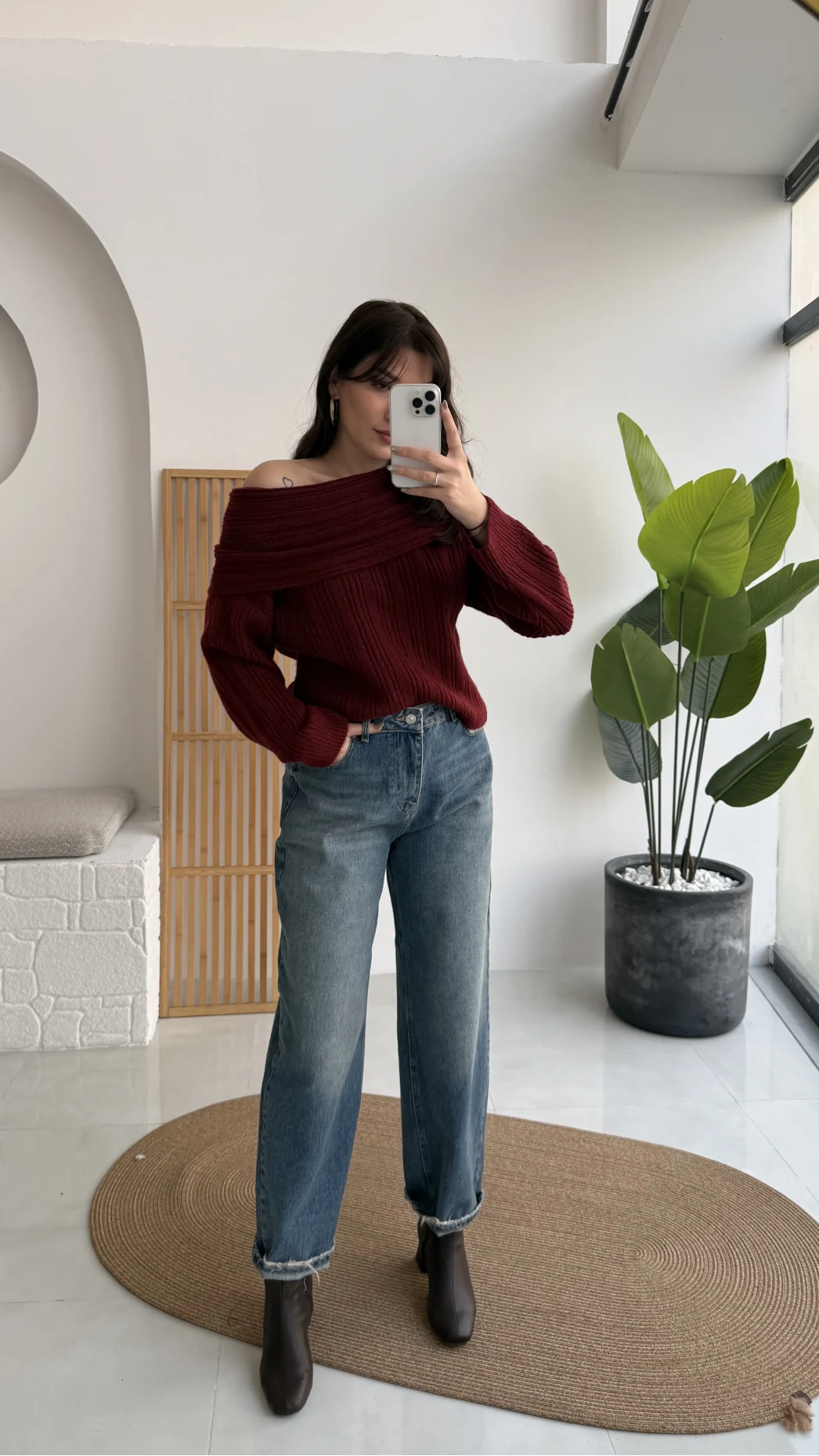 Omzu Açık Fitilli Kazak - Bordo