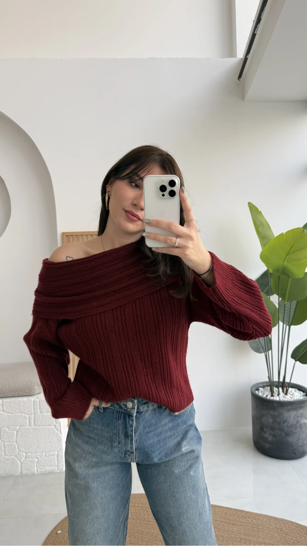 Omzu Açık Fitilli Kazak - Bordo