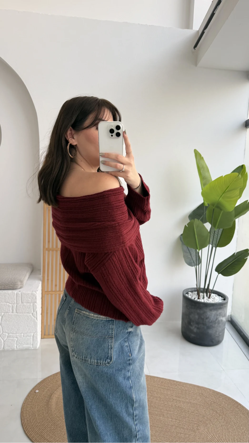 Omzu Açık Fitilli Kazak - Bordo