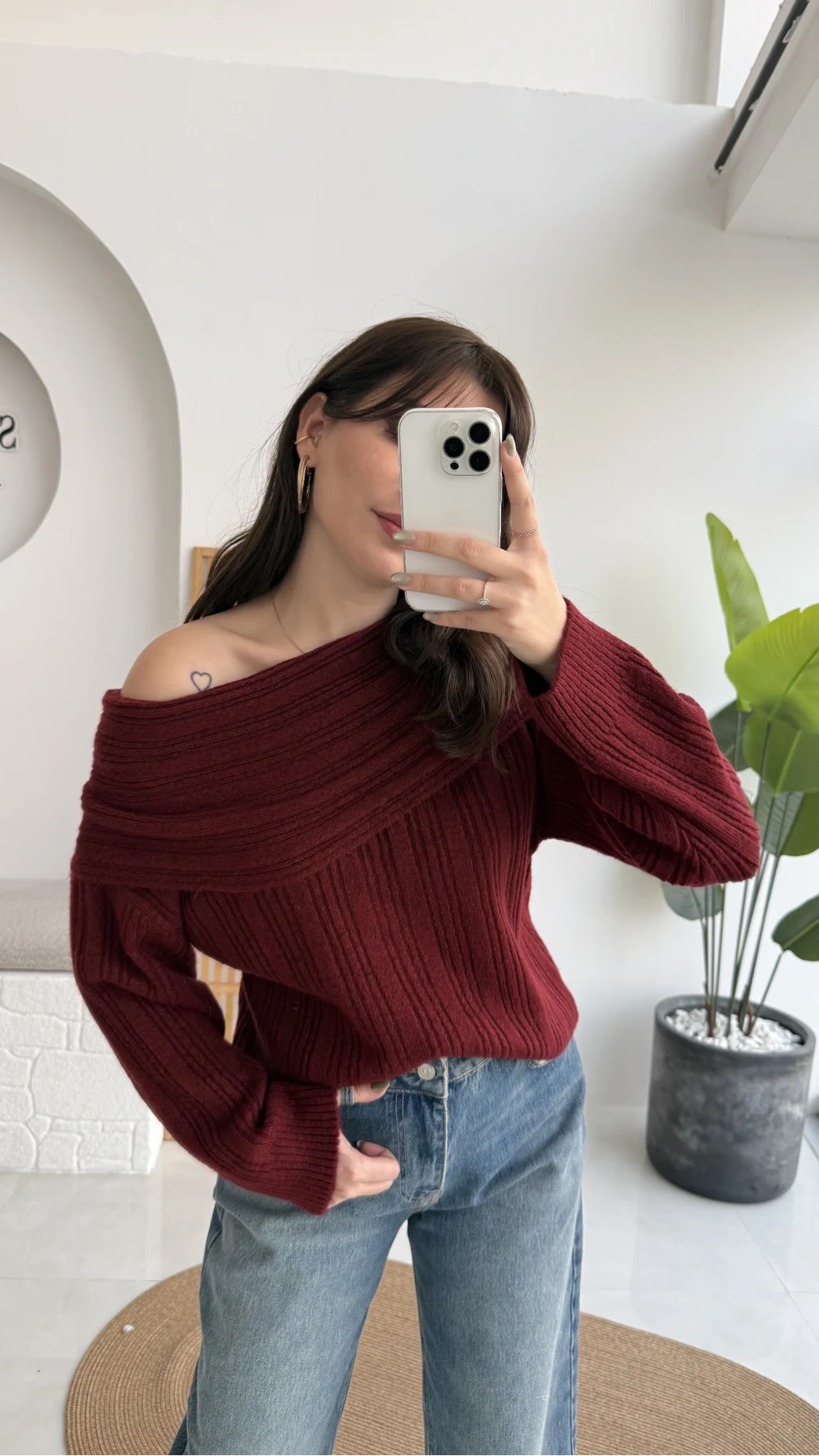 Omzu Açık Fitilli Kazak - Bordo