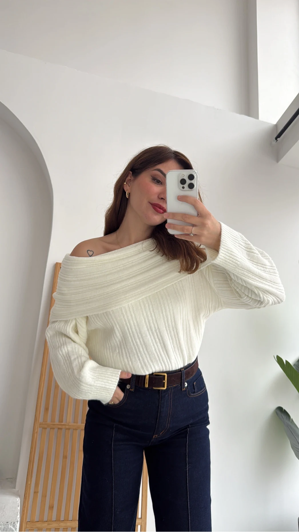 Omzu Açık Fitilli Kazak - Ekru