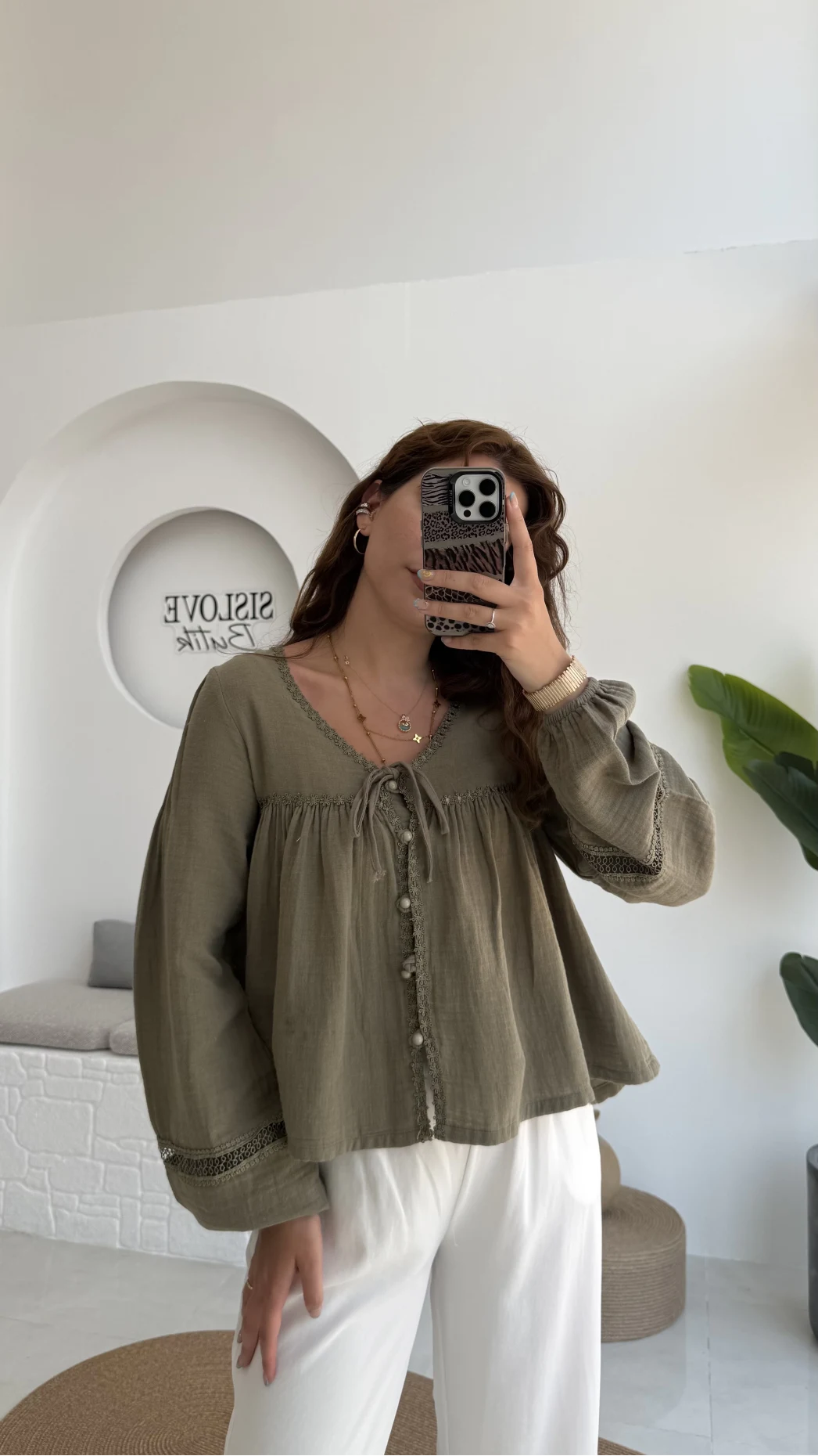 Peri İnci Detay Haki Bluz