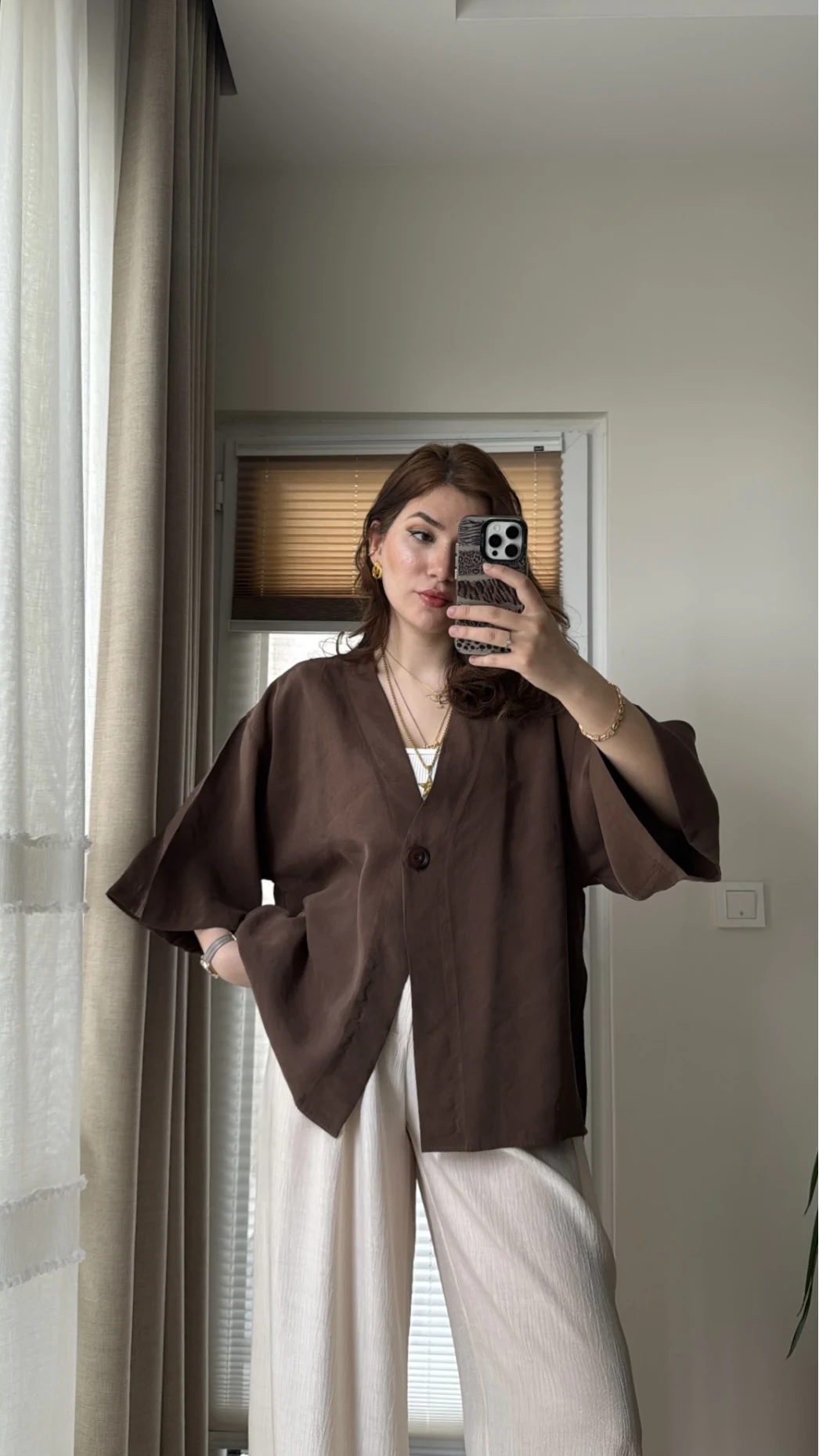 Önü Düğmeli Gömlek - Kahve