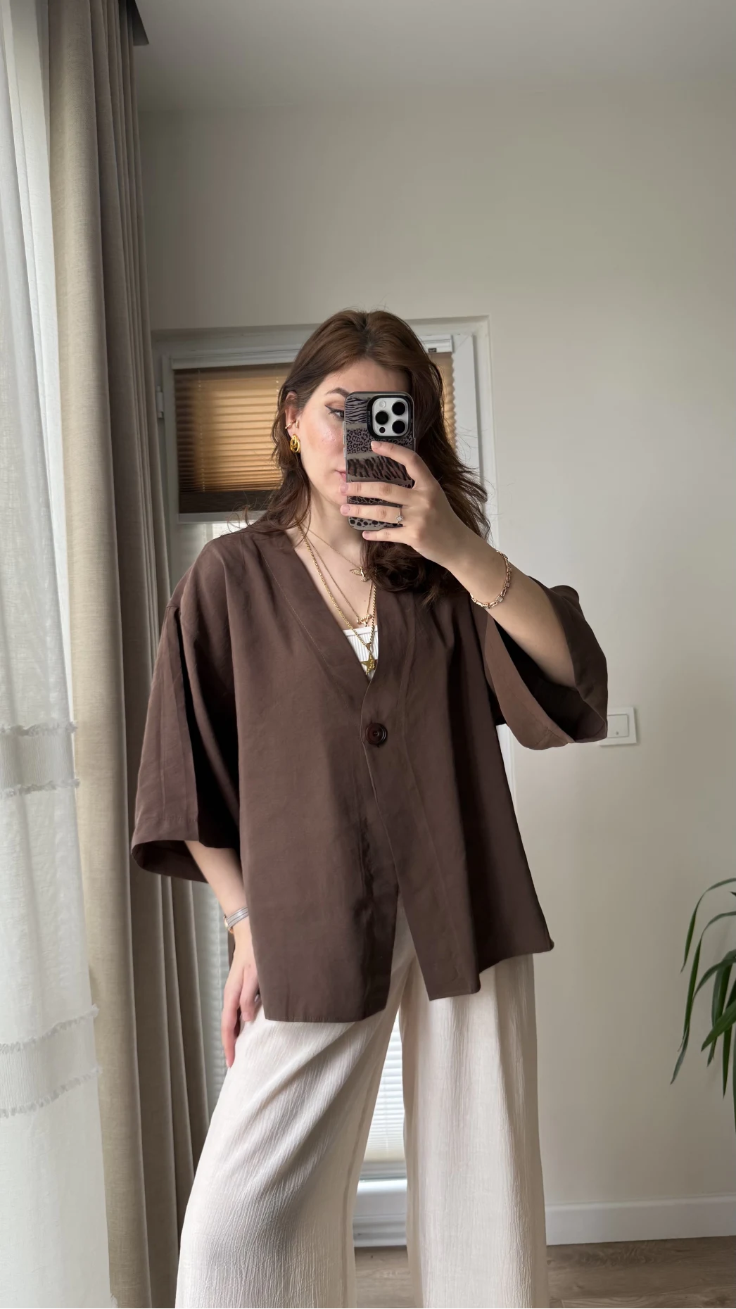 Önü Düğmeli Gömlek - Kahve