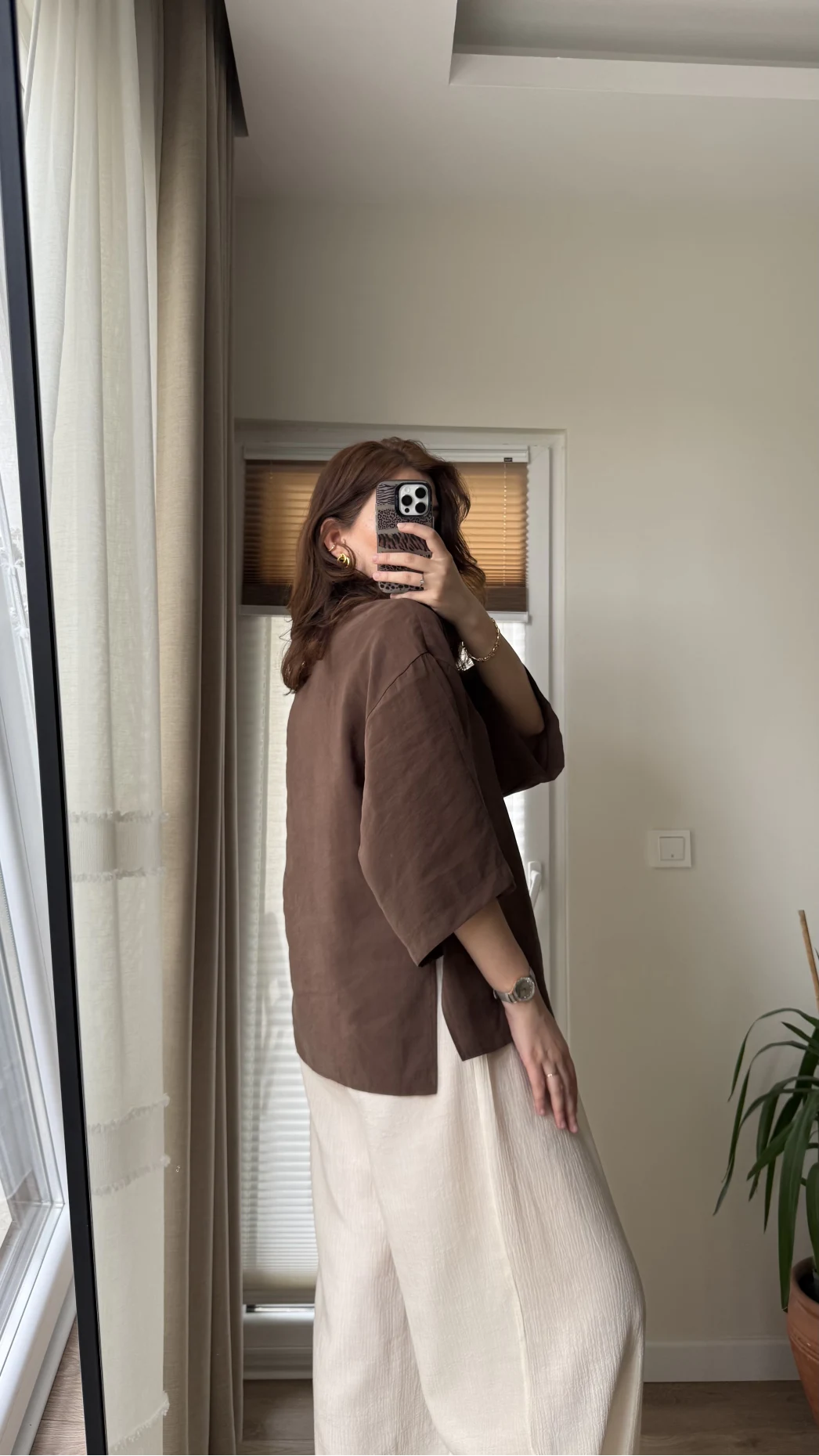 Önü Düğmeli Gömlek - Kahve