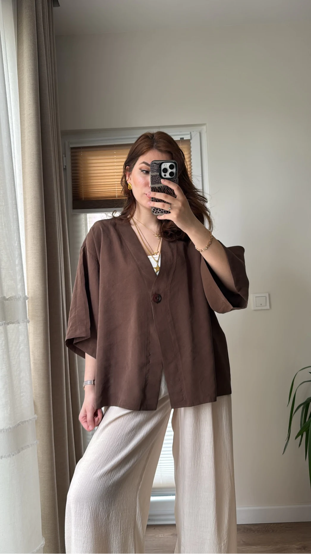 Önü Düğmeli Gömlek - Kahve