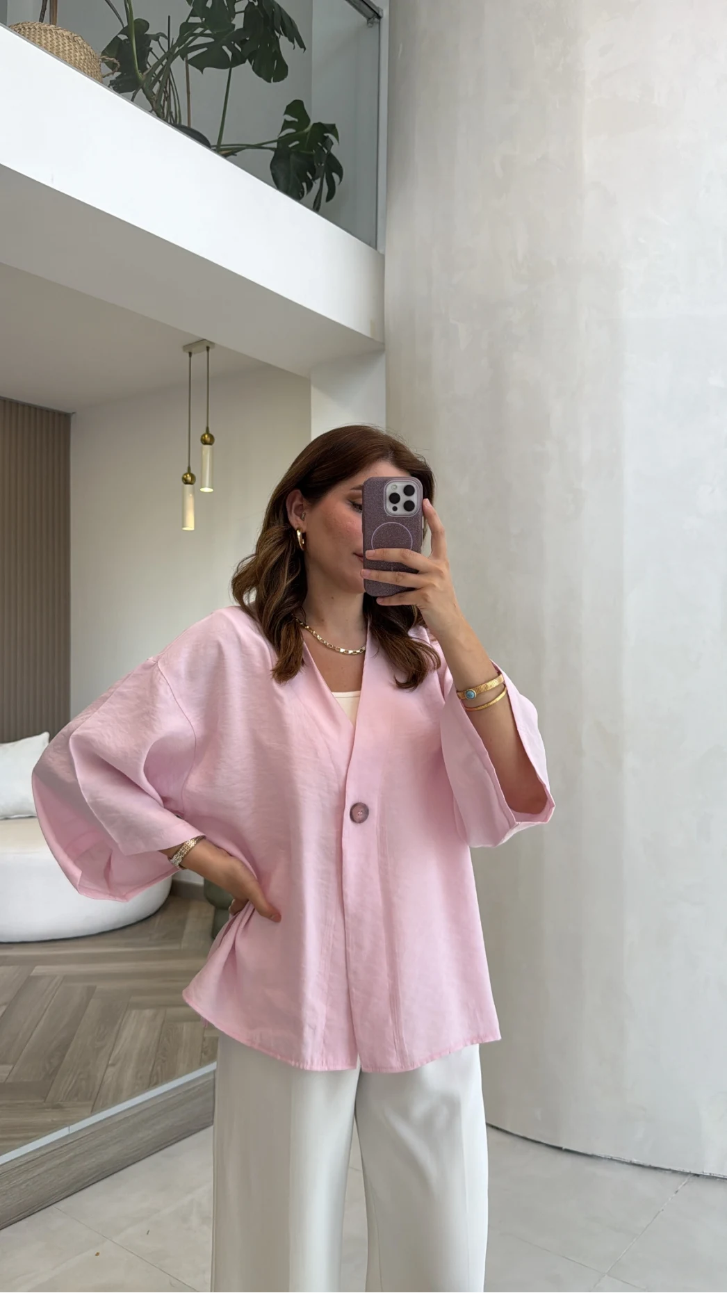 Önü Düğmeli Gömlek - Pembe - Kod 4961