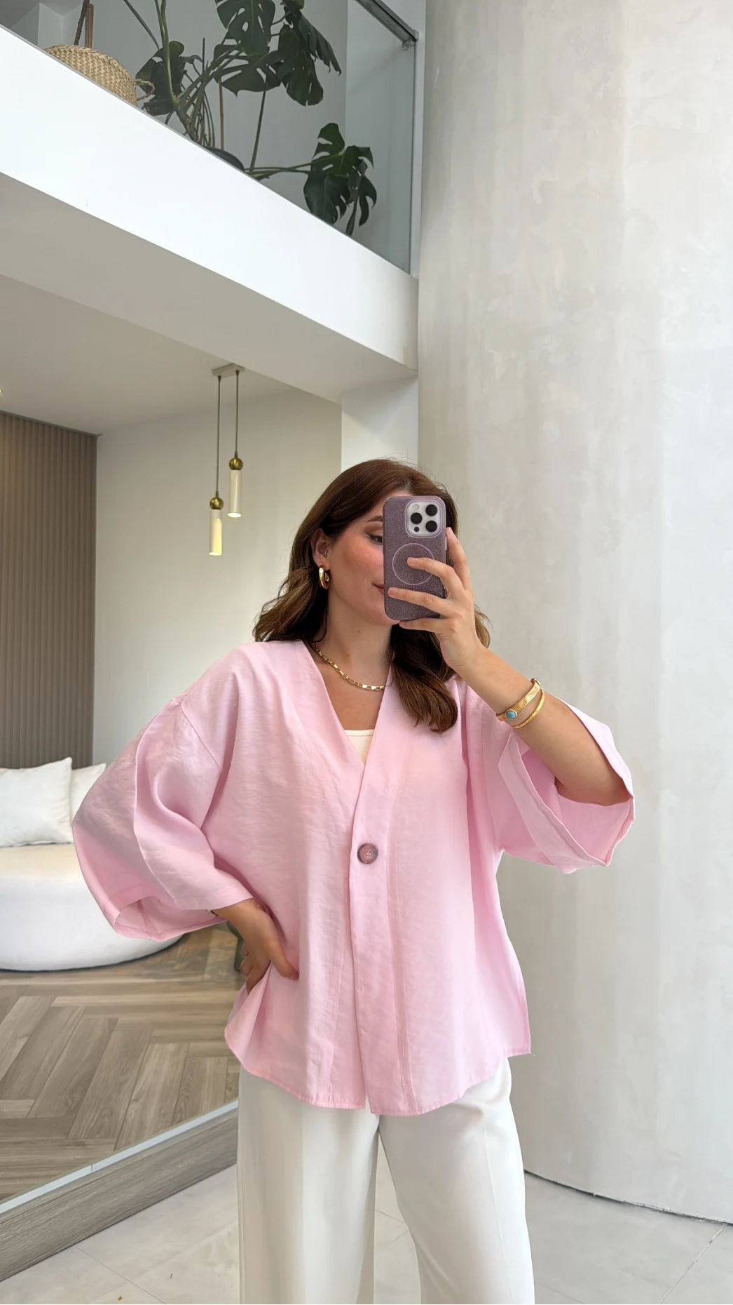 Önü Düğmeli Gömlek - Pembe - Kod 4961