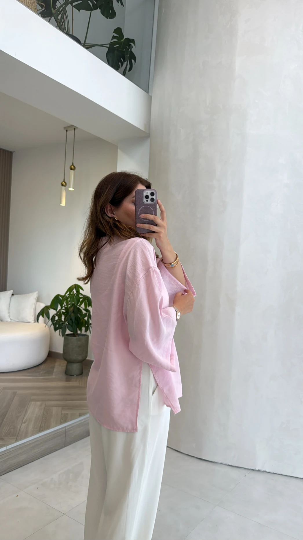 Önü Düğmeli Gömlek - Pembe - Kod 4961