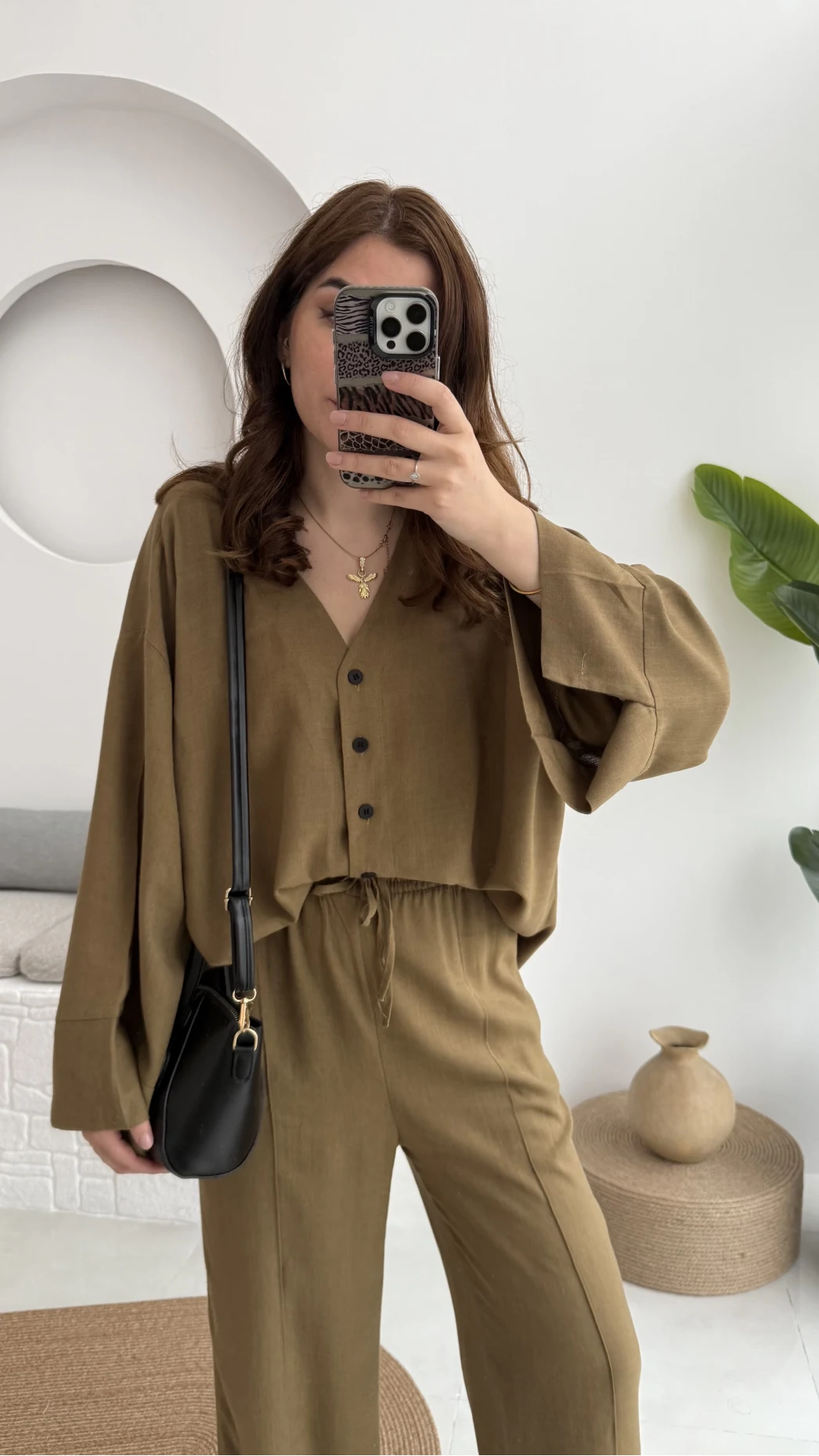 Önü Düğmeli Kimono Keten Takım - 8702 - Haki