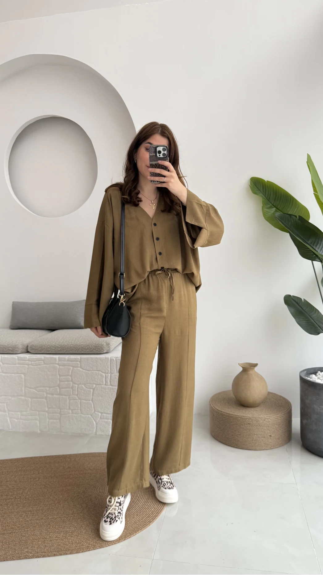 Önü Düğmeli Kimono Keten Takım - 8702 - Haki