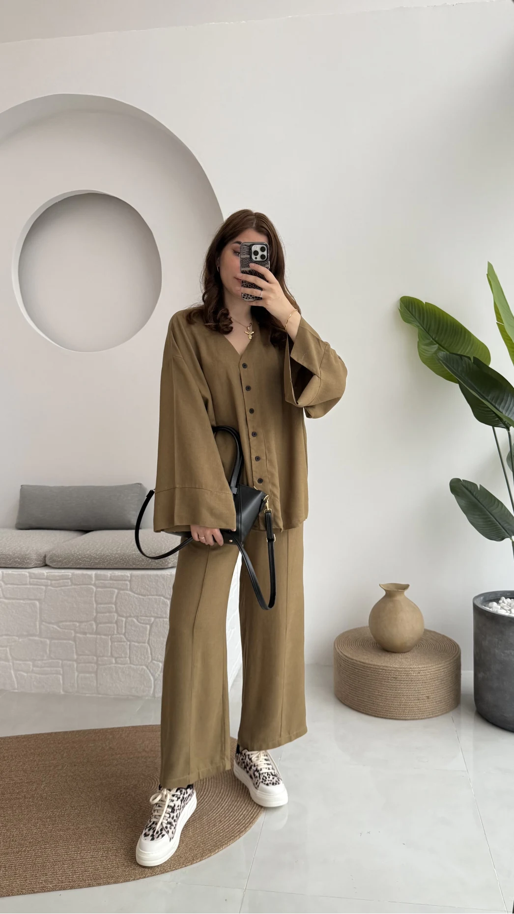 Önü Düğmeli Kimono Keten Takım - 8702 - Haki