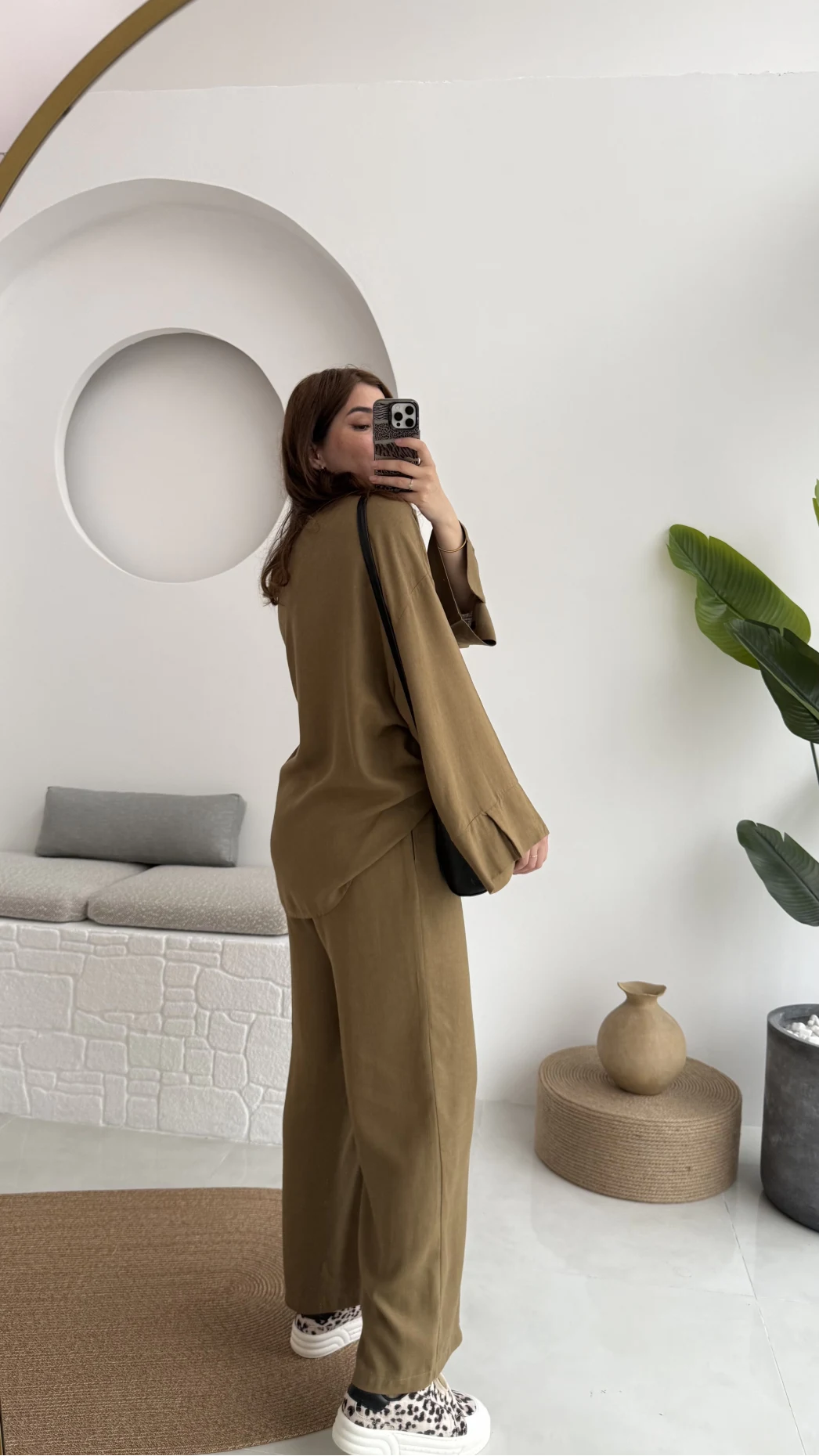 Önü Düğmeli Kimono Keten Takım - 8702 - Haki