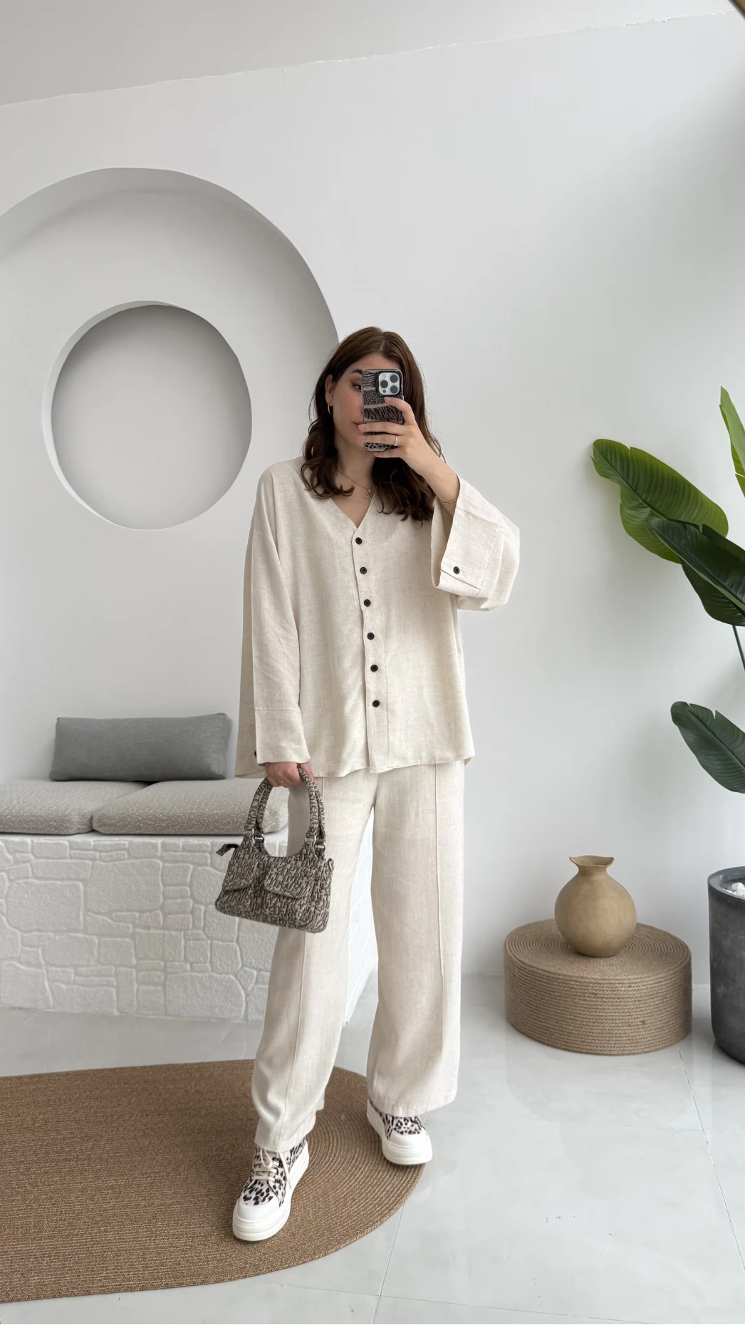 Önü Düğmeli Kimono Keten Takım - 8702 - Natural