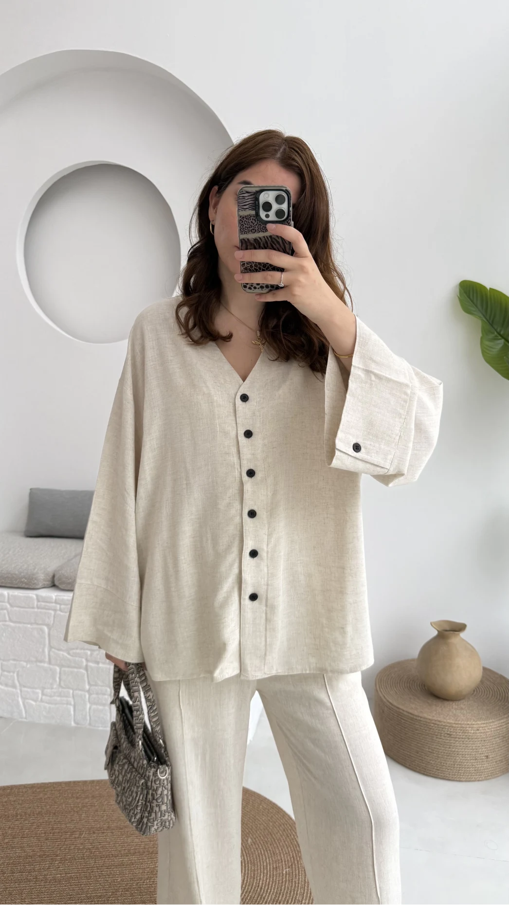 Önü Düğmeli Kimono Keten Takım - 8702 - Natural