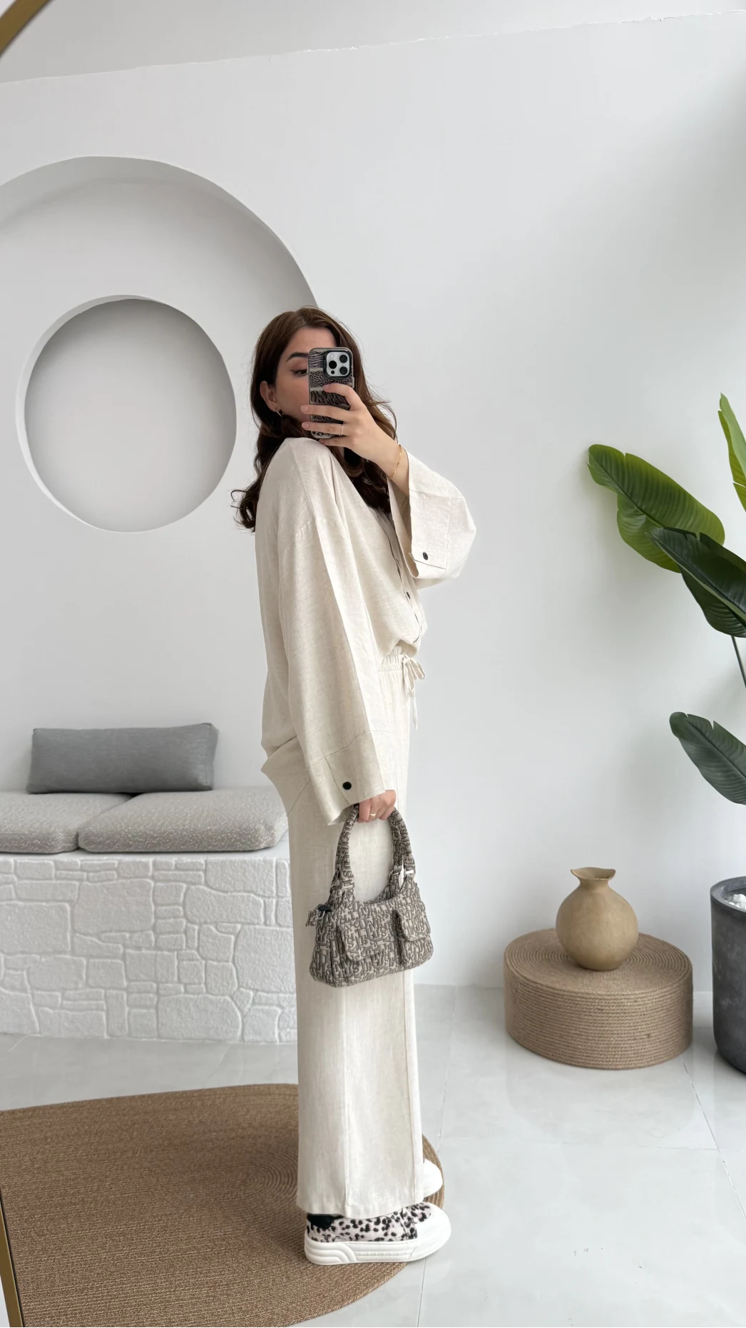 Önü Düğmeli Kimono Keten Takım - 8702 - Natural