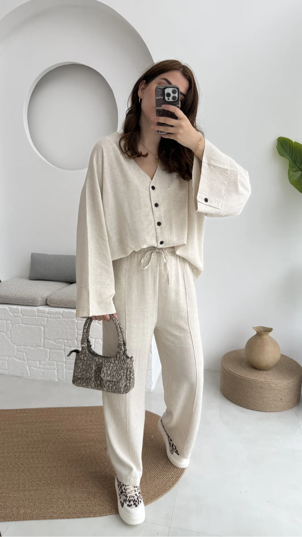 Önü Düğmeli Kimono Keten Takım - 8702 - Natural