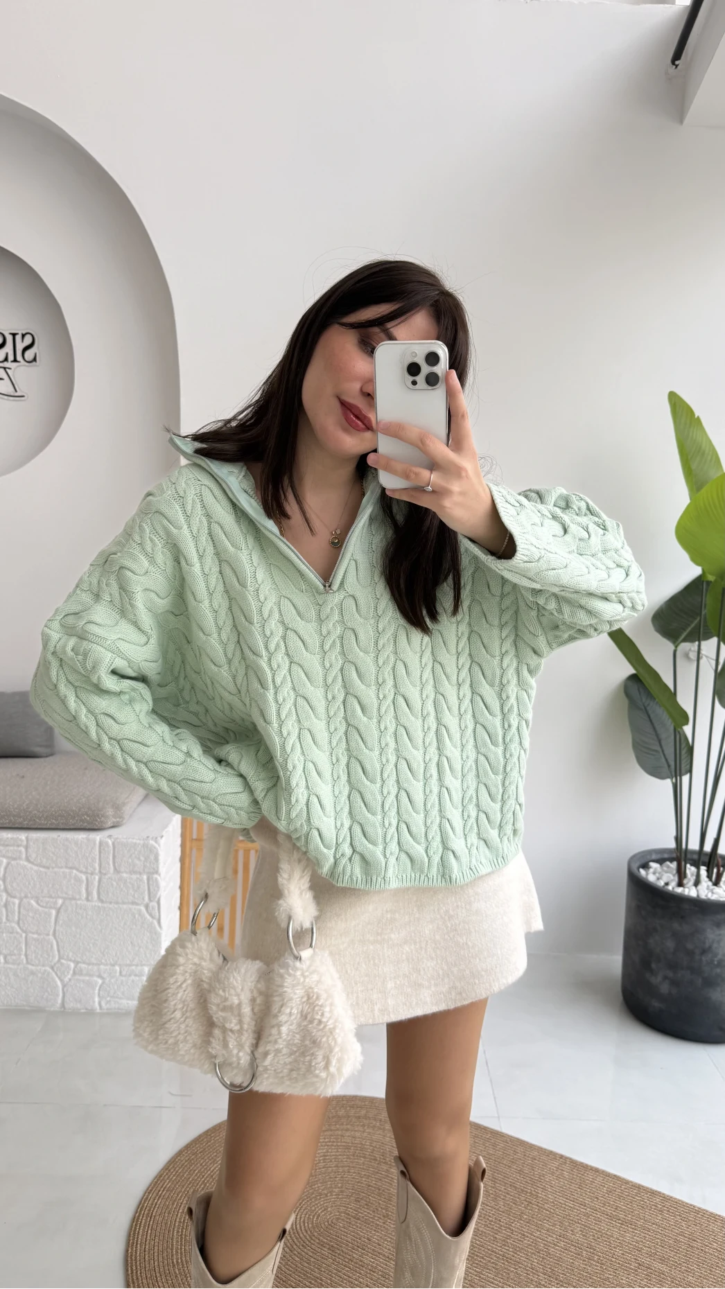 Örgülü Dik Yaka Fermuarlı Kazak - Açık Yeşil - Kod: 231078