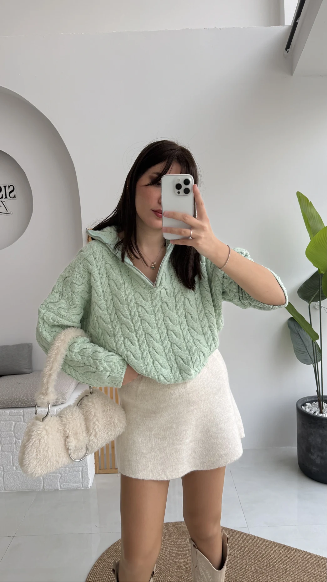 Örgülü Dik Yaka Fermuarlı Kazak - Açık Yeşil - Kod: 231078