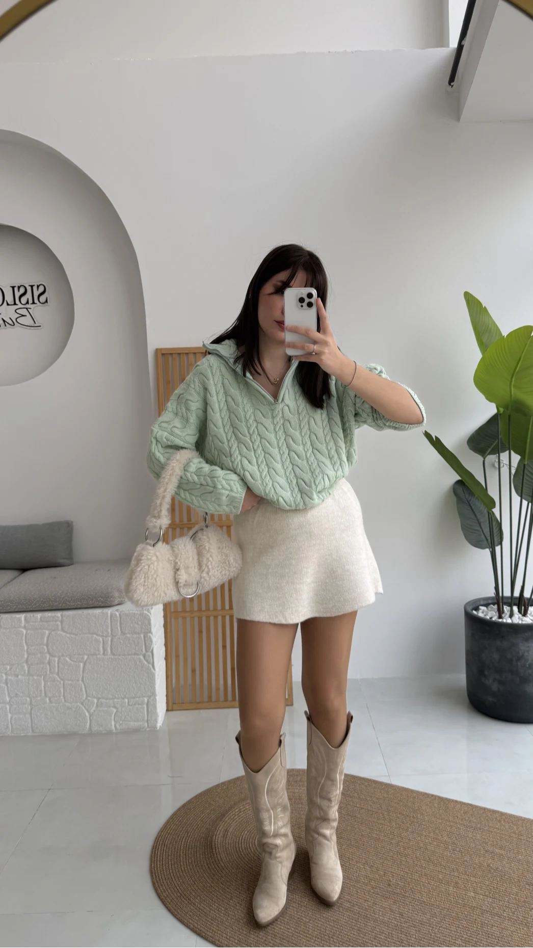 Örgülü Dik Yaka Fermuarlı Kazak - Açık Yeşil - Kod: 231078